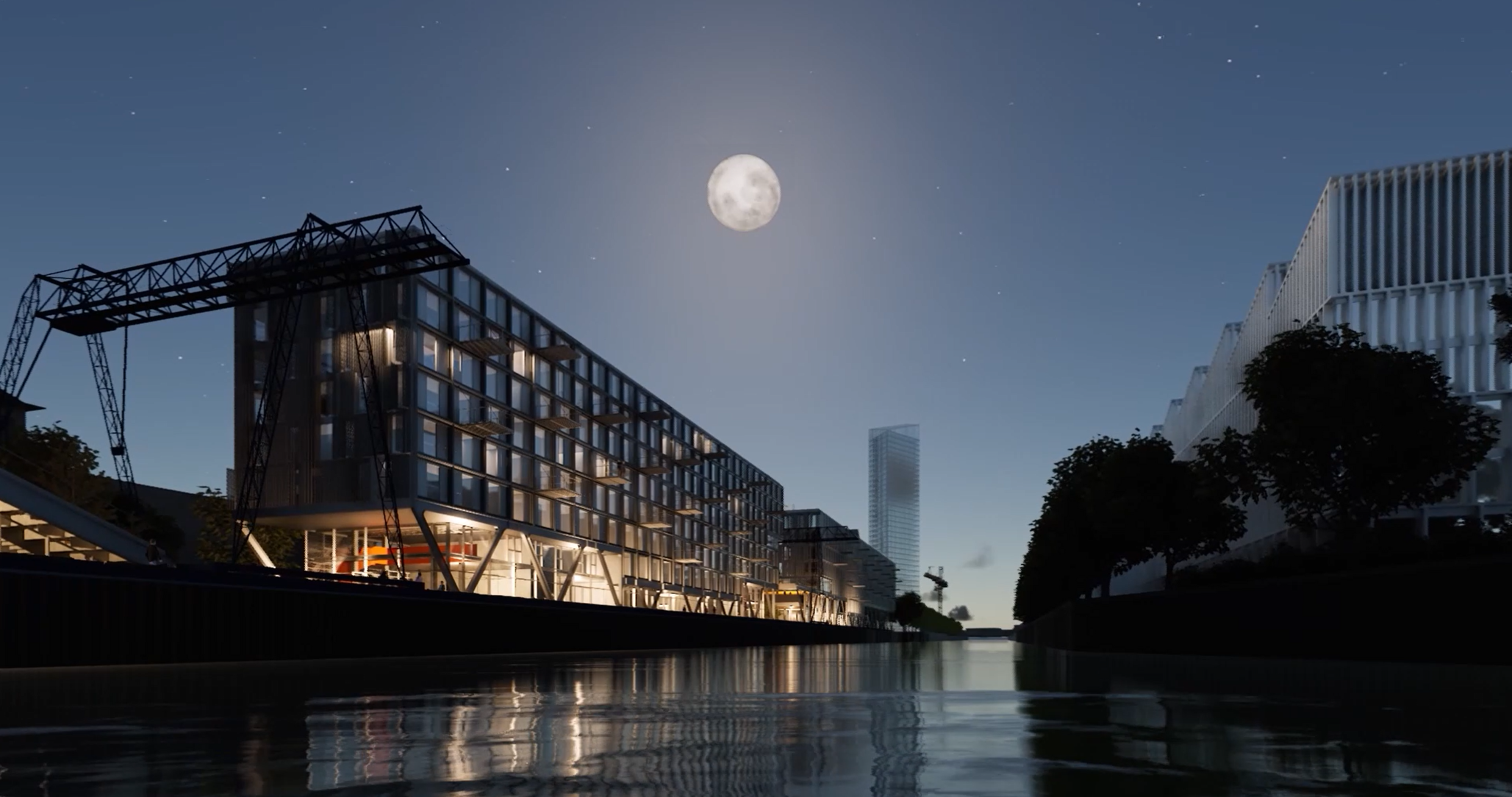 Nachtperspektive, die das Stadtquartier am Kanal zeigt. Ein alter Kran steht vor dem Gebäude. Das Erdgeschoss ist animiert