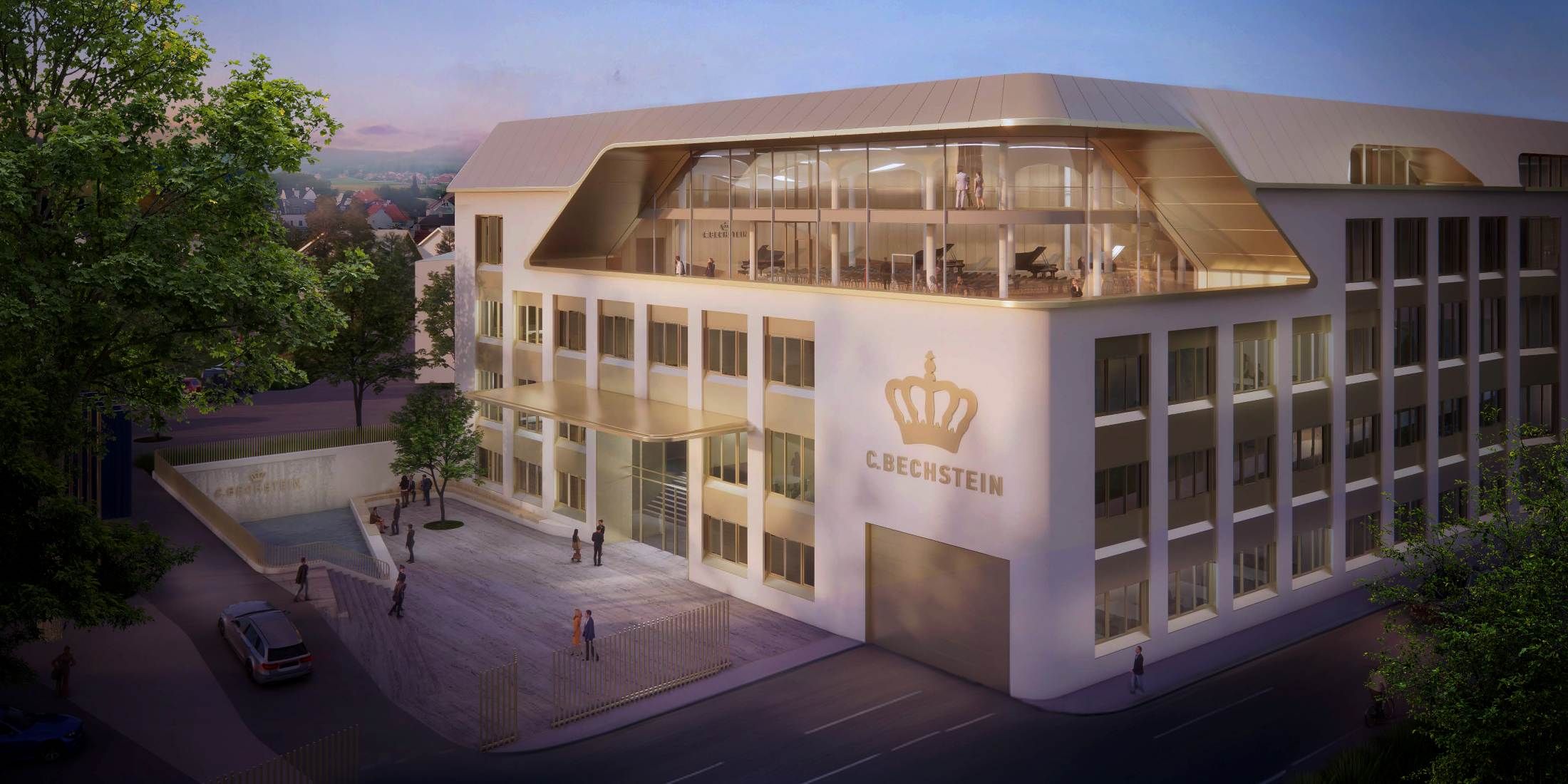 C. Bechstein-Gebäude mit großen Fenstern bei Dämmerung