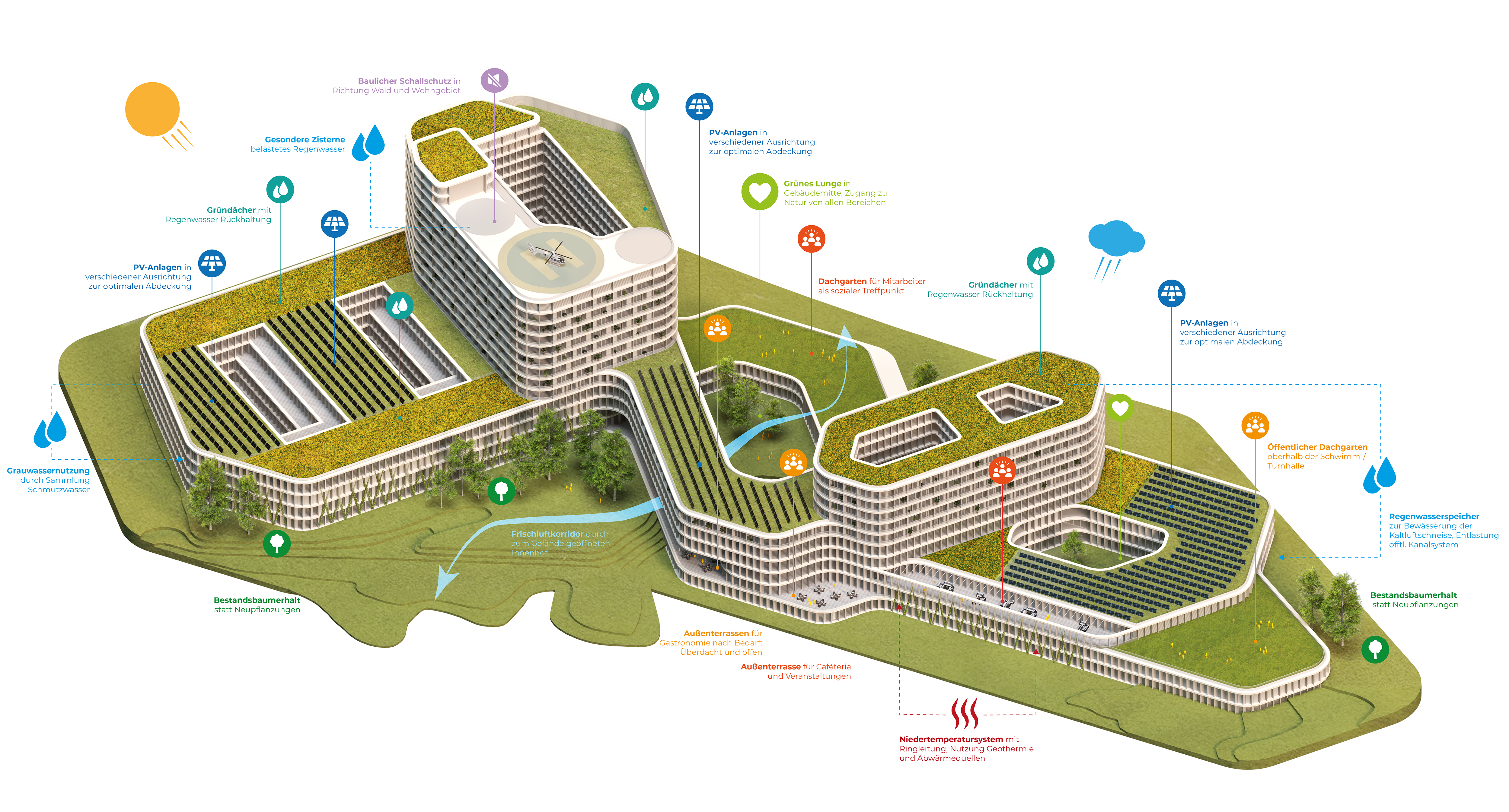 Schematische Übersicht des Krankenhauskomplexes mit zwei Hochpunkten - eingebettet in den Grünraum