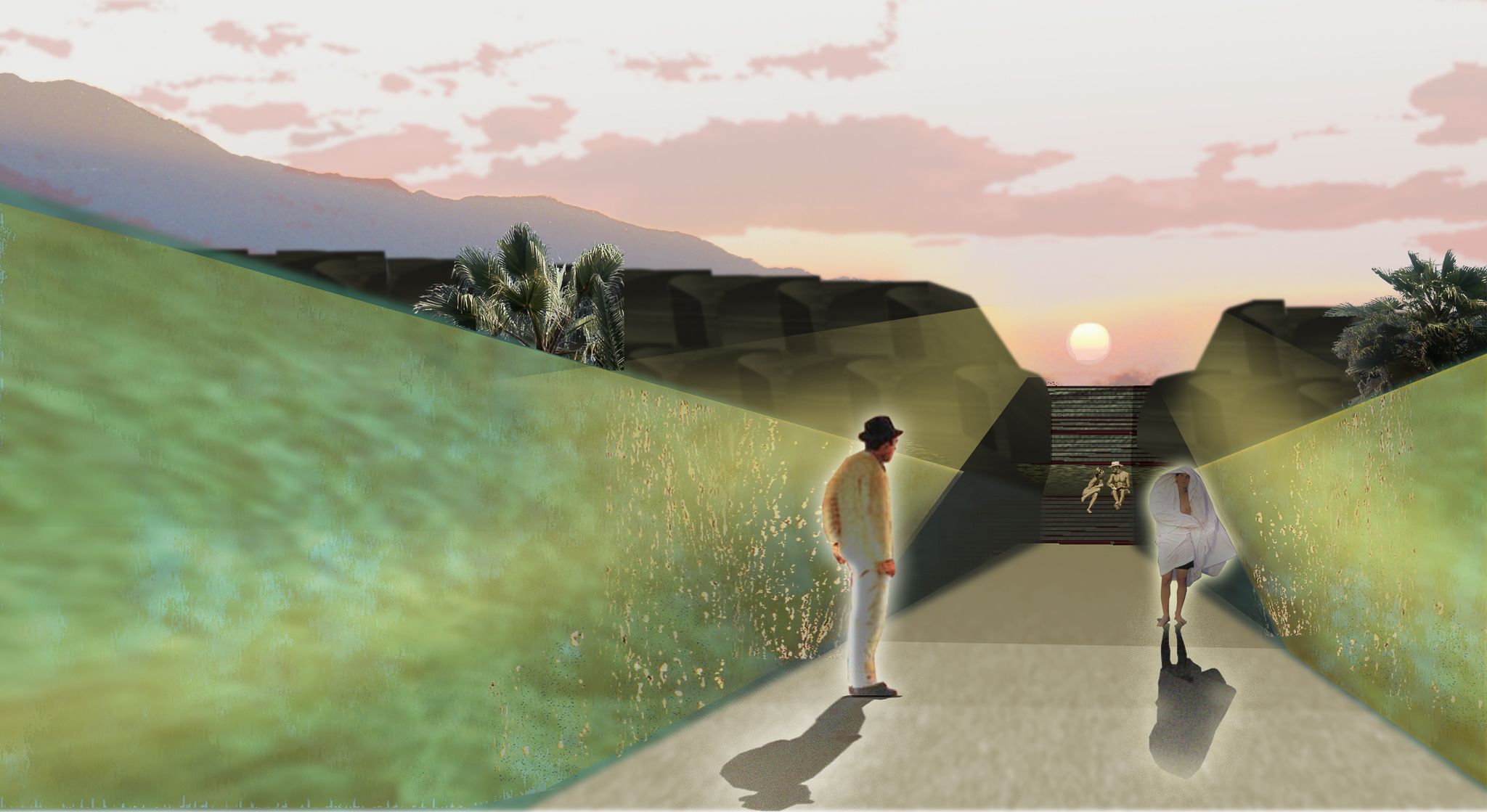 The tree canyon offers shadow and freshness under a canopy of indigenous sycamore trees. Here, guests will find amenities such as a grotto spa and a green, open-air theater, experiencing the seasons as the leaves change colors in the fall.