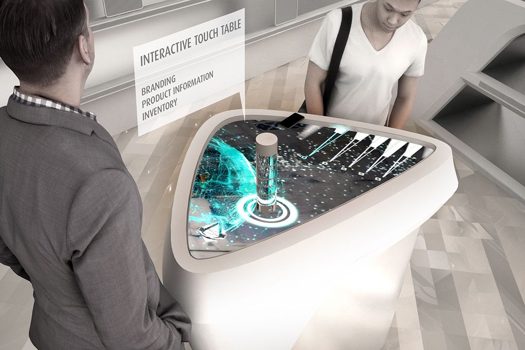 The sales floor is organized around a single circulatory loop around the central sculpture. The space is populated by a series of Gondolas, designed to be modular in assembly, grouped in a series of islands around the loop. Each module is tailored to a specific purpose, resulting in specialised configurations that do not recur elsewhere in the shop. Shelves and multimedia screens surround the sales floor, creating a constantly changing and engaging background for the visitor.   