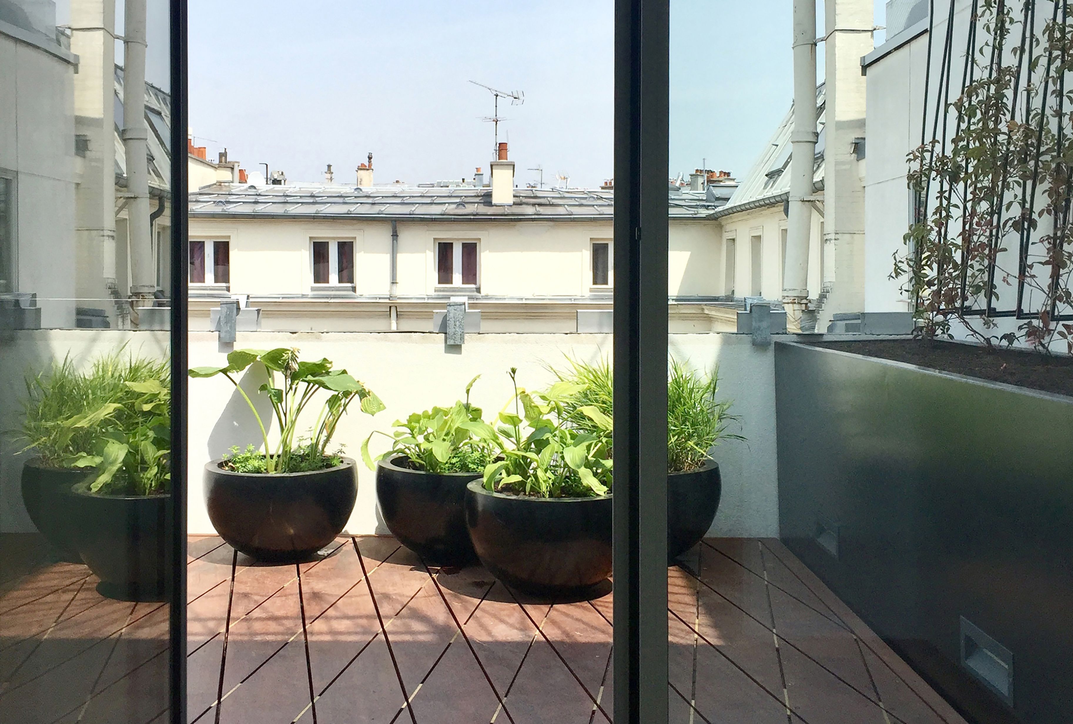 Dachterrasse im dichten Pariser Stadtkontext. Raffinierter Holz-Bodenbelag und Grün