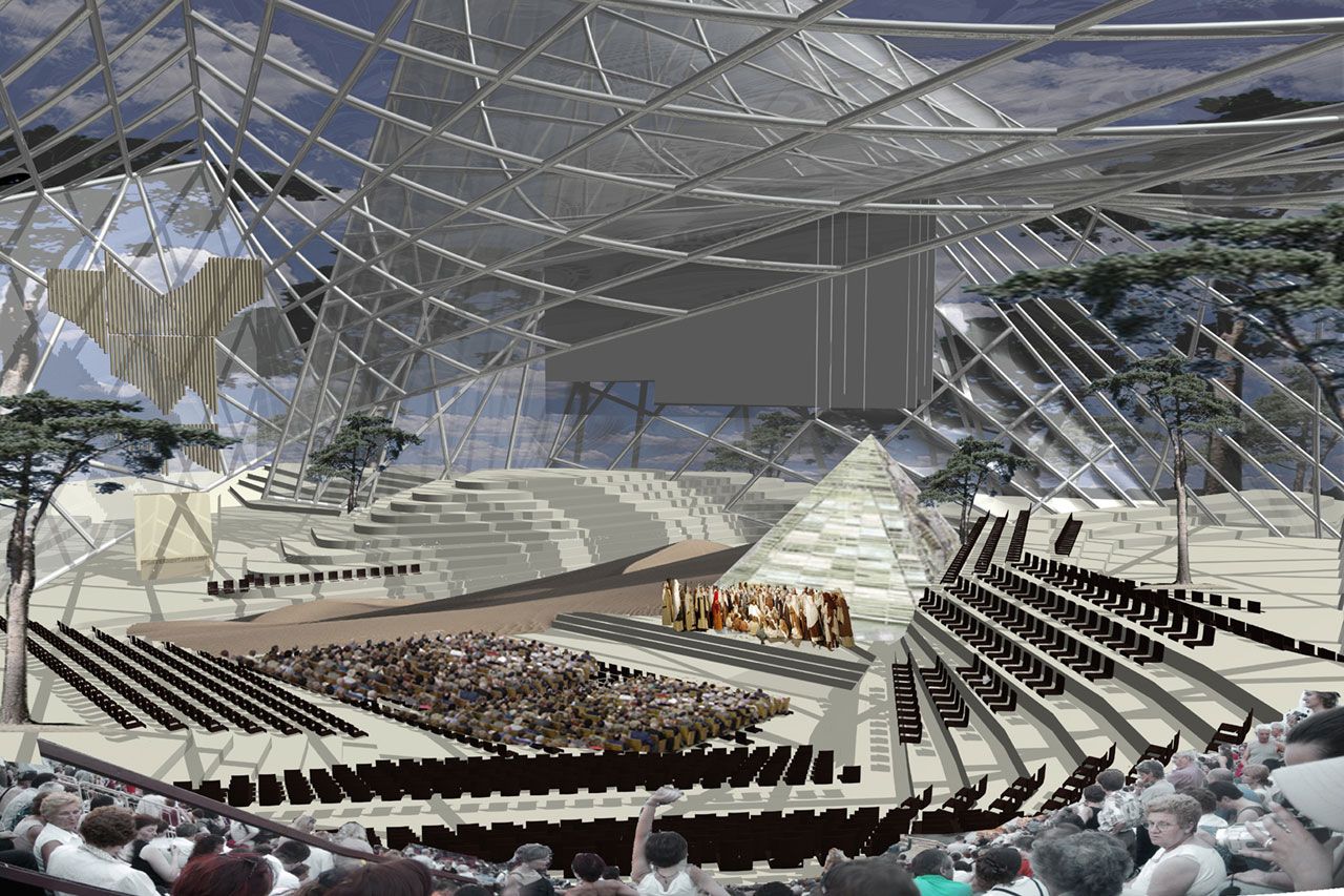 GRAFT’s belief is that no clear typology for a church, mosque or theatre should dominate the shape of the building but that its design should instead the product of an entirely new typology informed by these. The formal language of GRAFT’s design communicates different religious and visual typologies in its shape without being literal. A diamond-shaped crystalline ‘envelope’ is formed from three different geometric figures fused into one another.     This crystalline envelope shelters the visitor without cutting him or her off from the surrounding landscape. As a mental space for prayer rather than an isolated enclosure, the landscape is of essential atmospheric importance and is invited to interact with the building’s interior. The technological functions necessary for a modern theatre are submerged in the ground so that the stage can be used flexibly for a range of purposes.