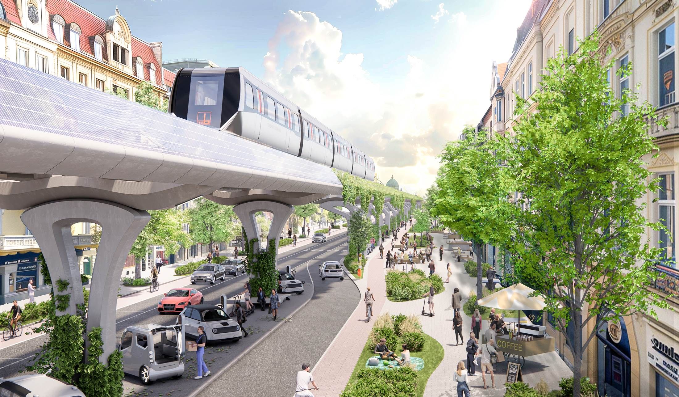 Elevated train on concrete pillars above a street with cars and pedestrians alongside a tree-lined pedestrian area with outdoor seating