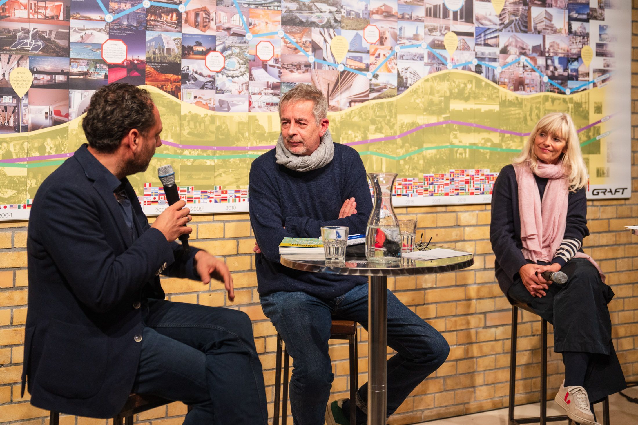 Panel "Architecture in Times of Need": Thomas Willemeit with Andreas Tölke (Be an Angel e.v.) and Nicola Borgmann (Architekturgalerie München) (c) GRAFT
