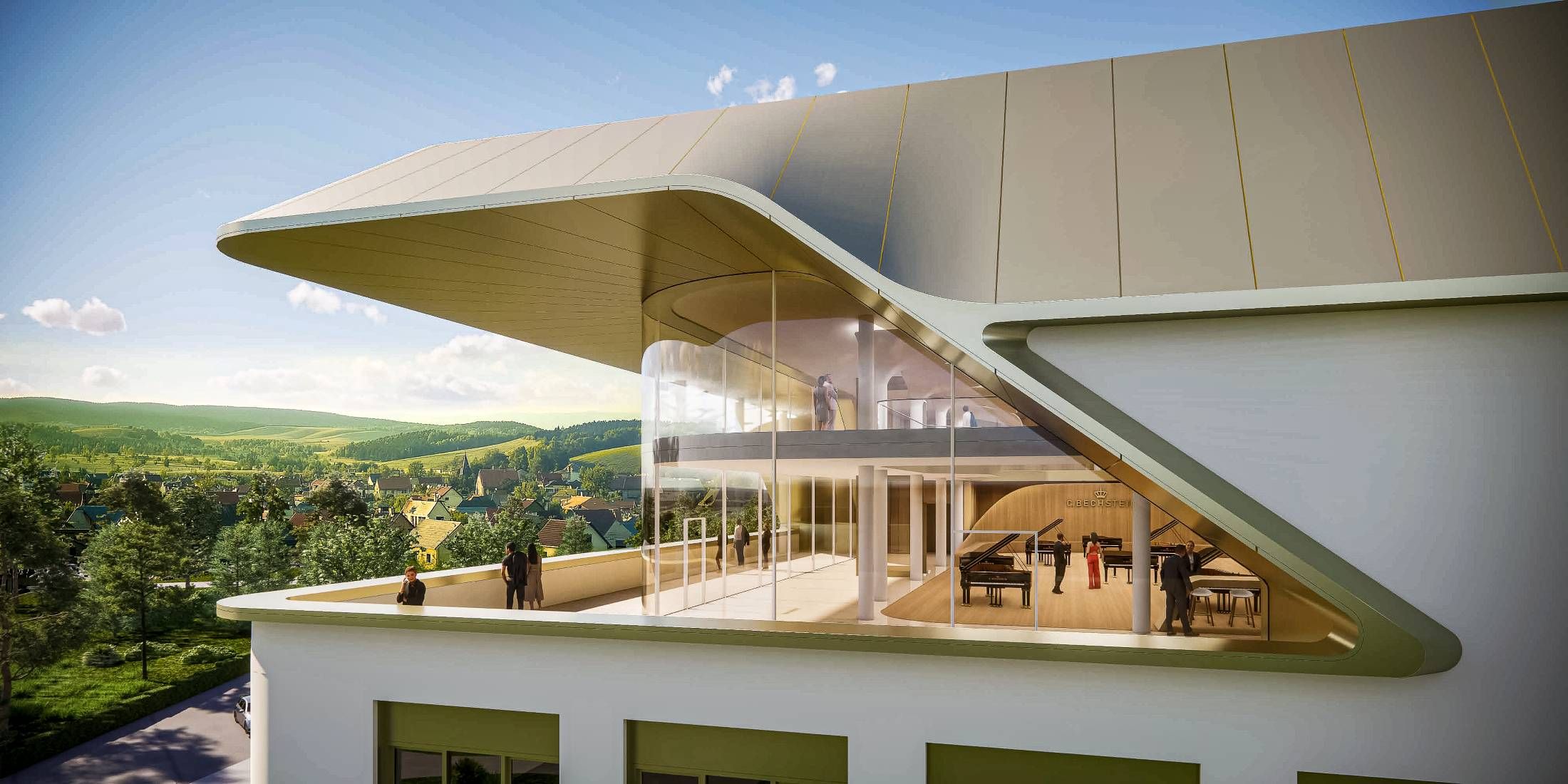 View of the roof terrace, which is directly adjacent to the factory showroom.