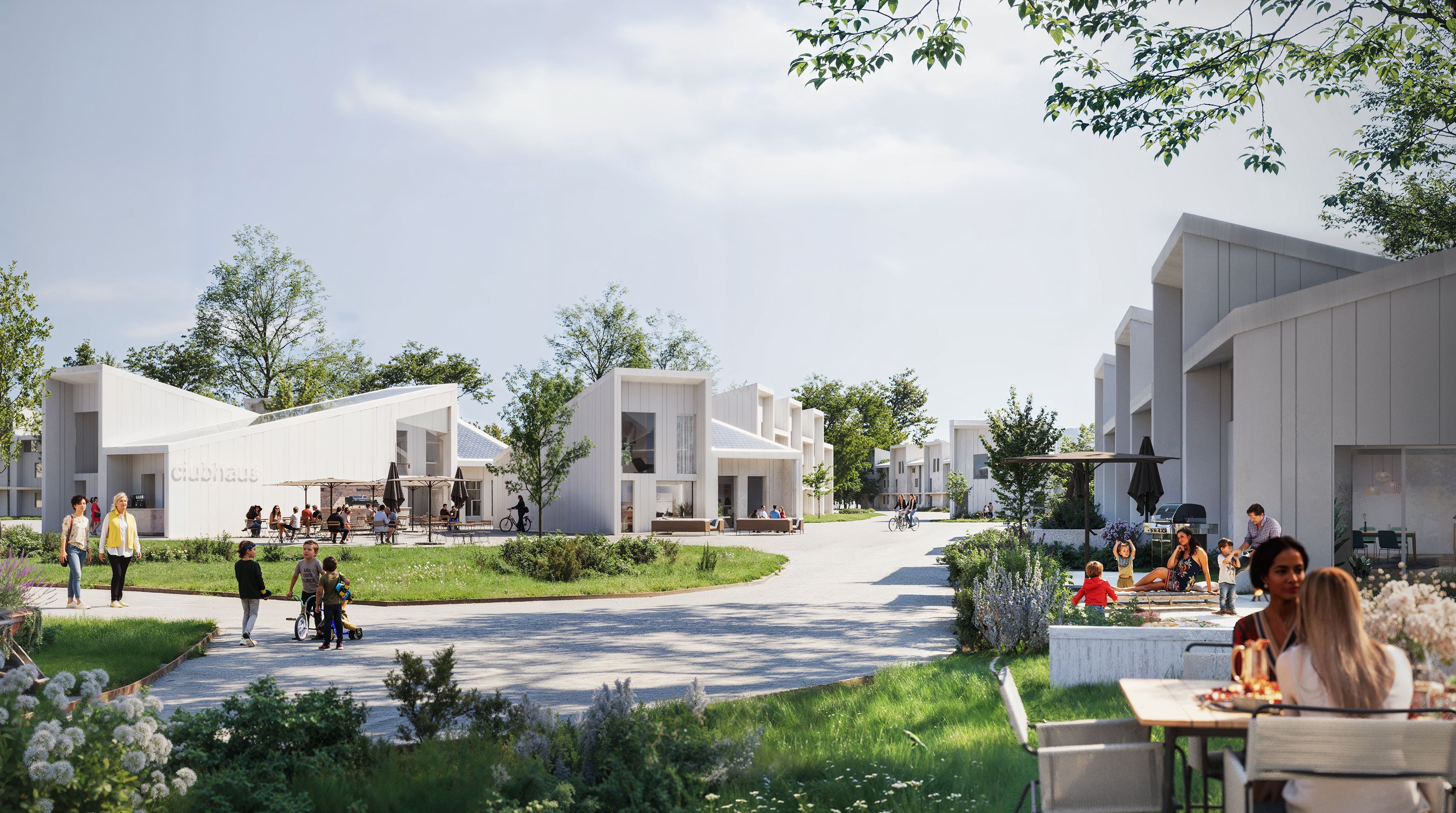 Modern residential community with white buildings, lush landscaping, and people engaging in various outdoor activities on a sunny day