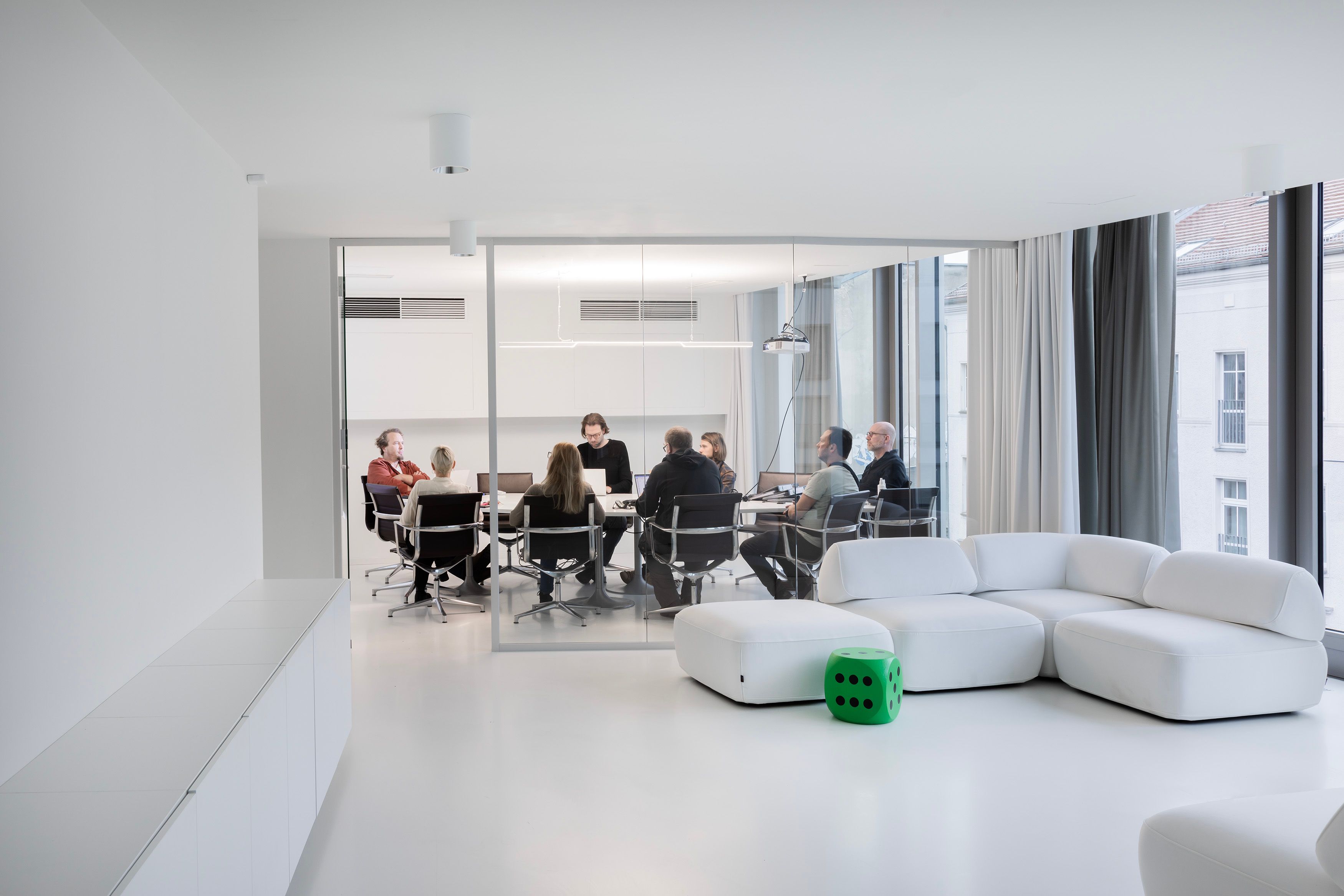 Conference level - walls, ceiling, floor and furniture are all white