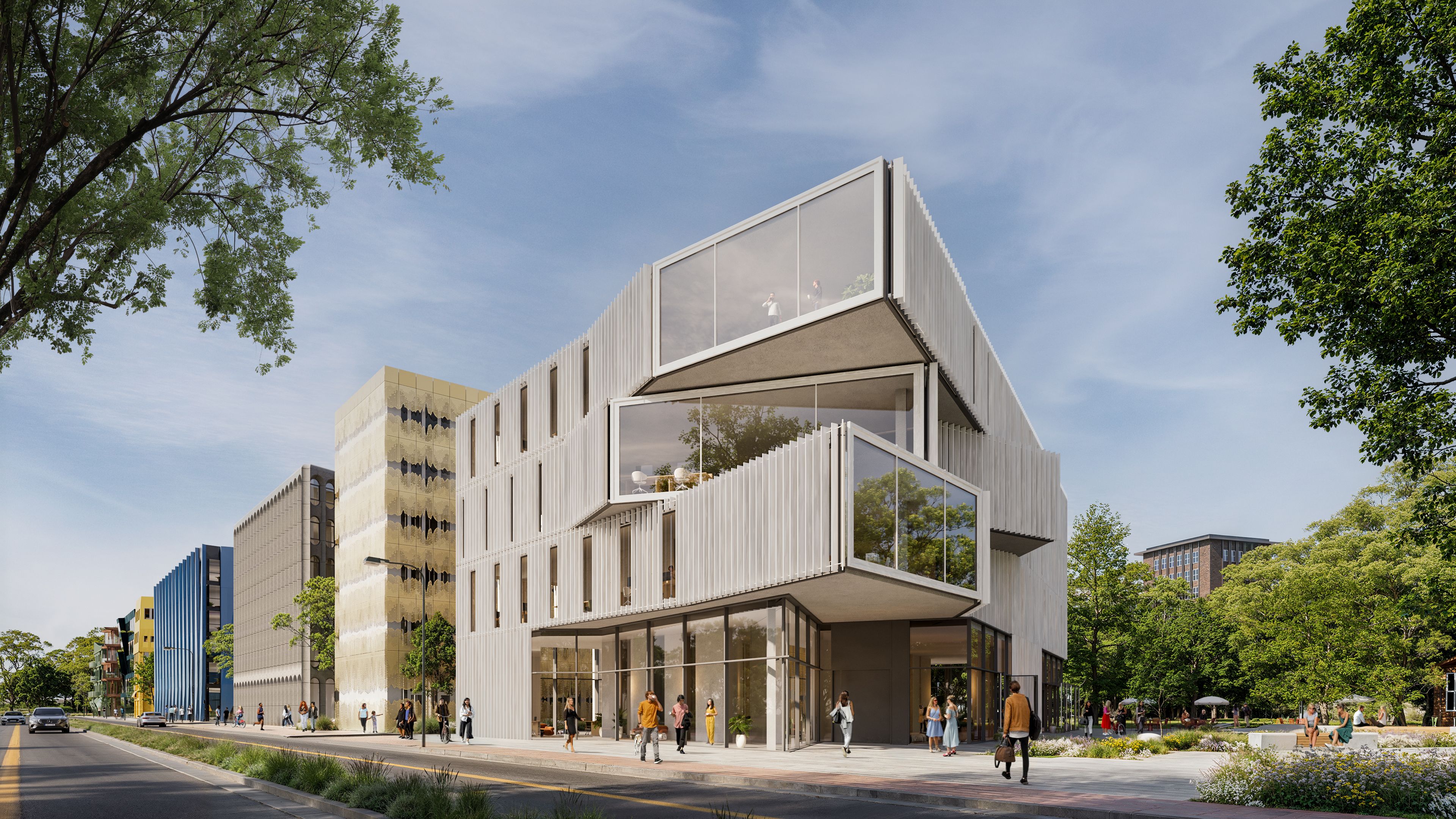 Rendering showing the corner of the office building with strong specific outlooks at each ending of the floorslab