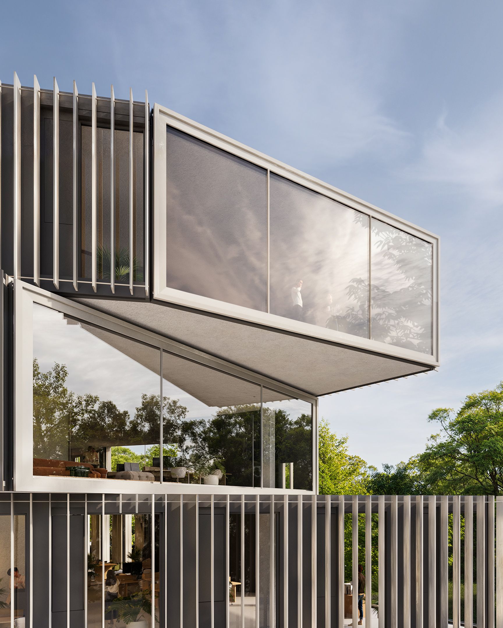Close-up of facade showing two large panorama windows