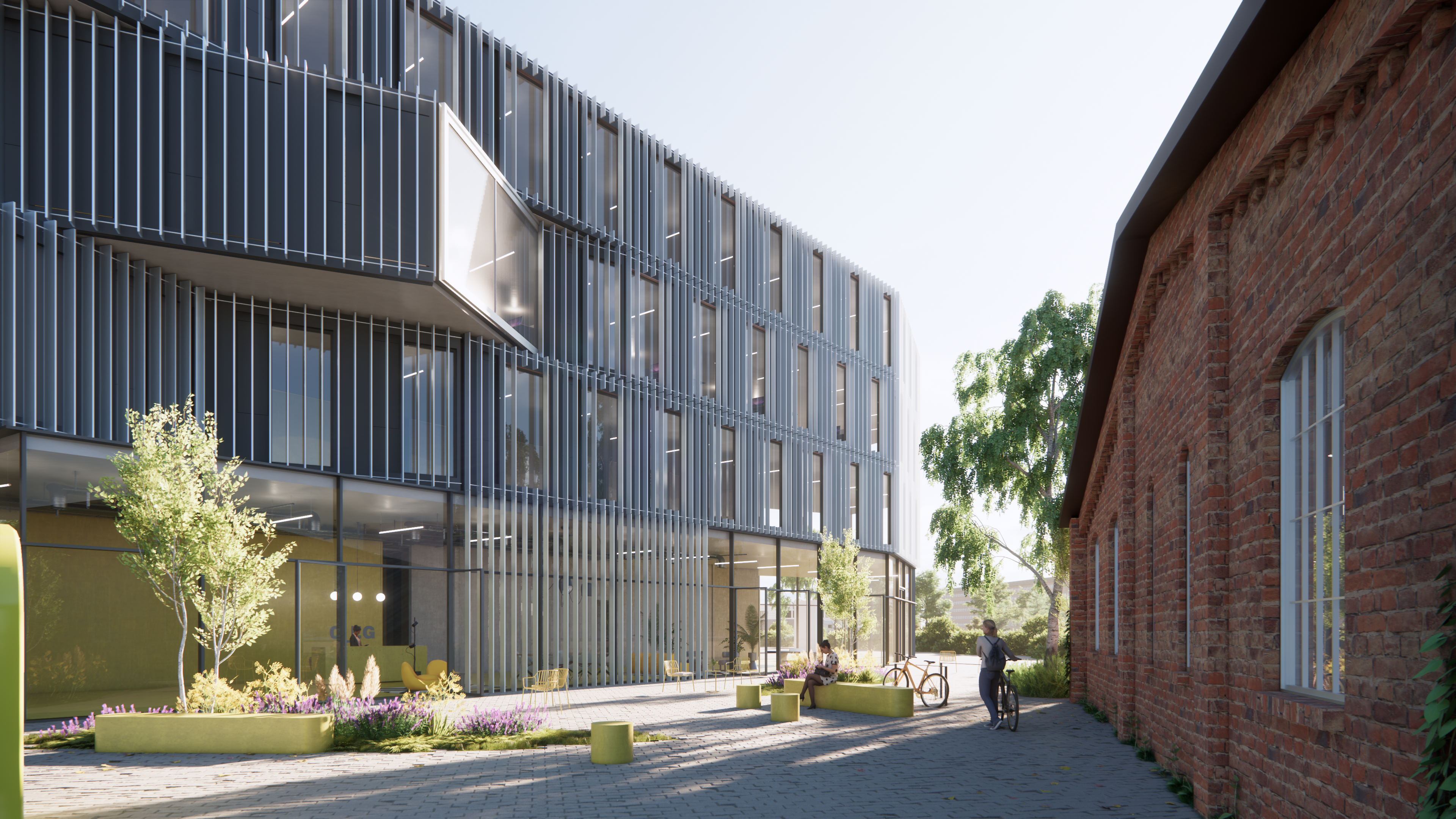 green courtyard between existing and new building, animated groundfloor
