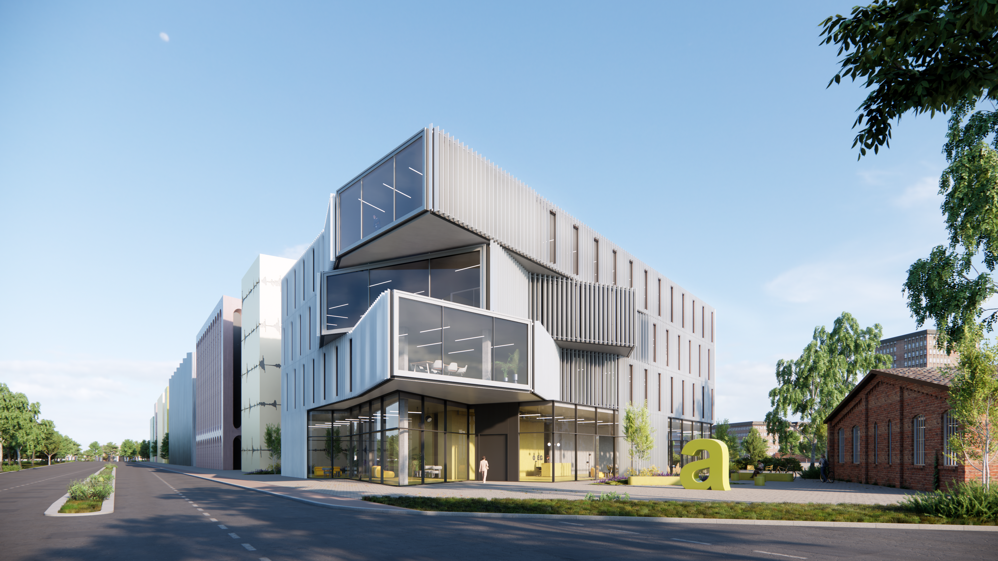 4 story office building with expressive corner and lamella facade