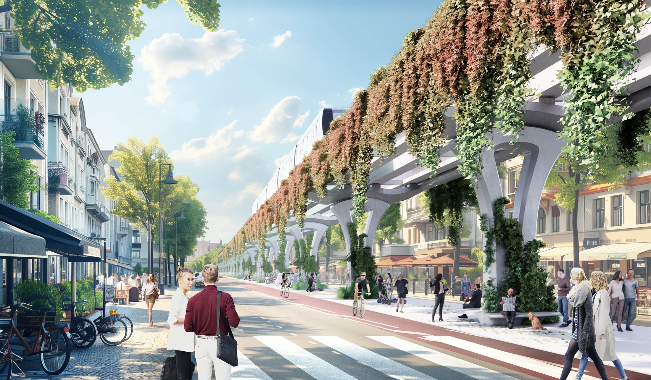 Urban street scene with elevated walkway covered in hanging plants, pedestrians walking along sidewalks, and bicycles parked near buildings