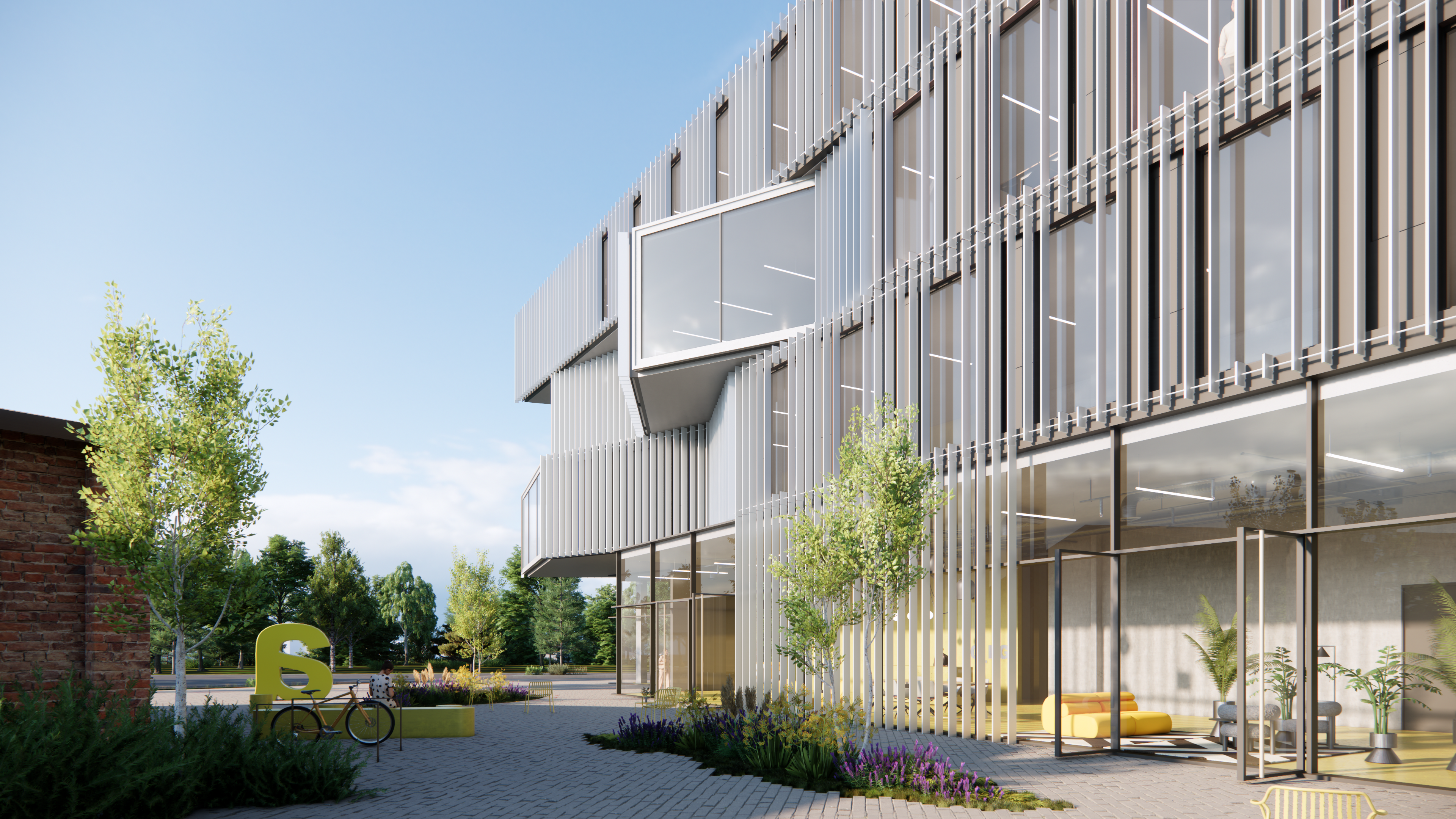 View from the green courtyard between existing building and new office building. animated groundfloor with open facade