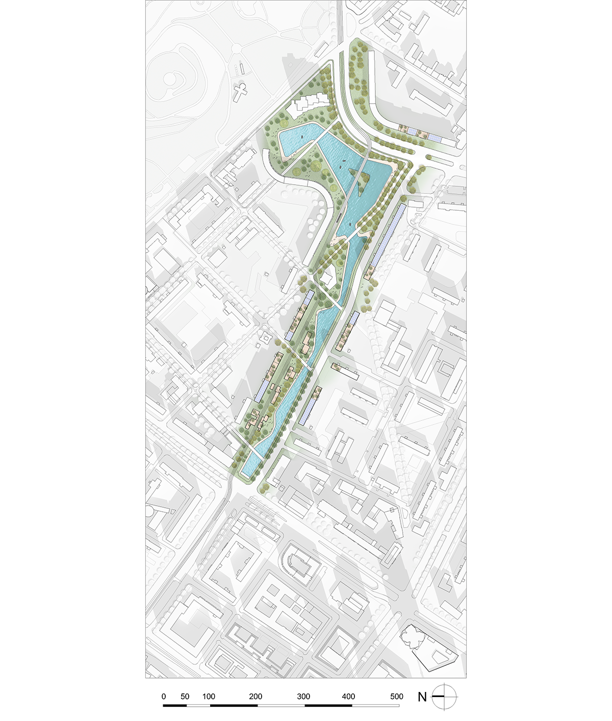 siteplan showing the big lake and green spaces that were once a street