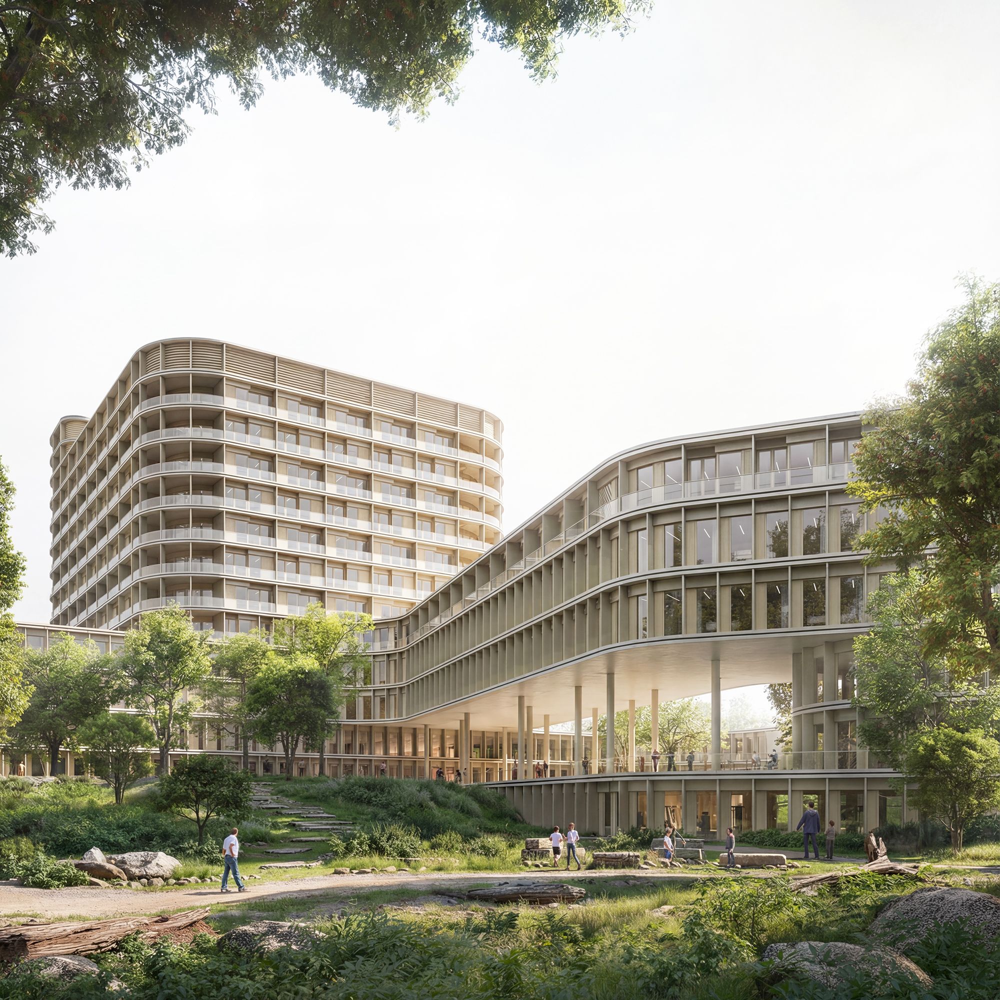 modern hospital embedded in landscape