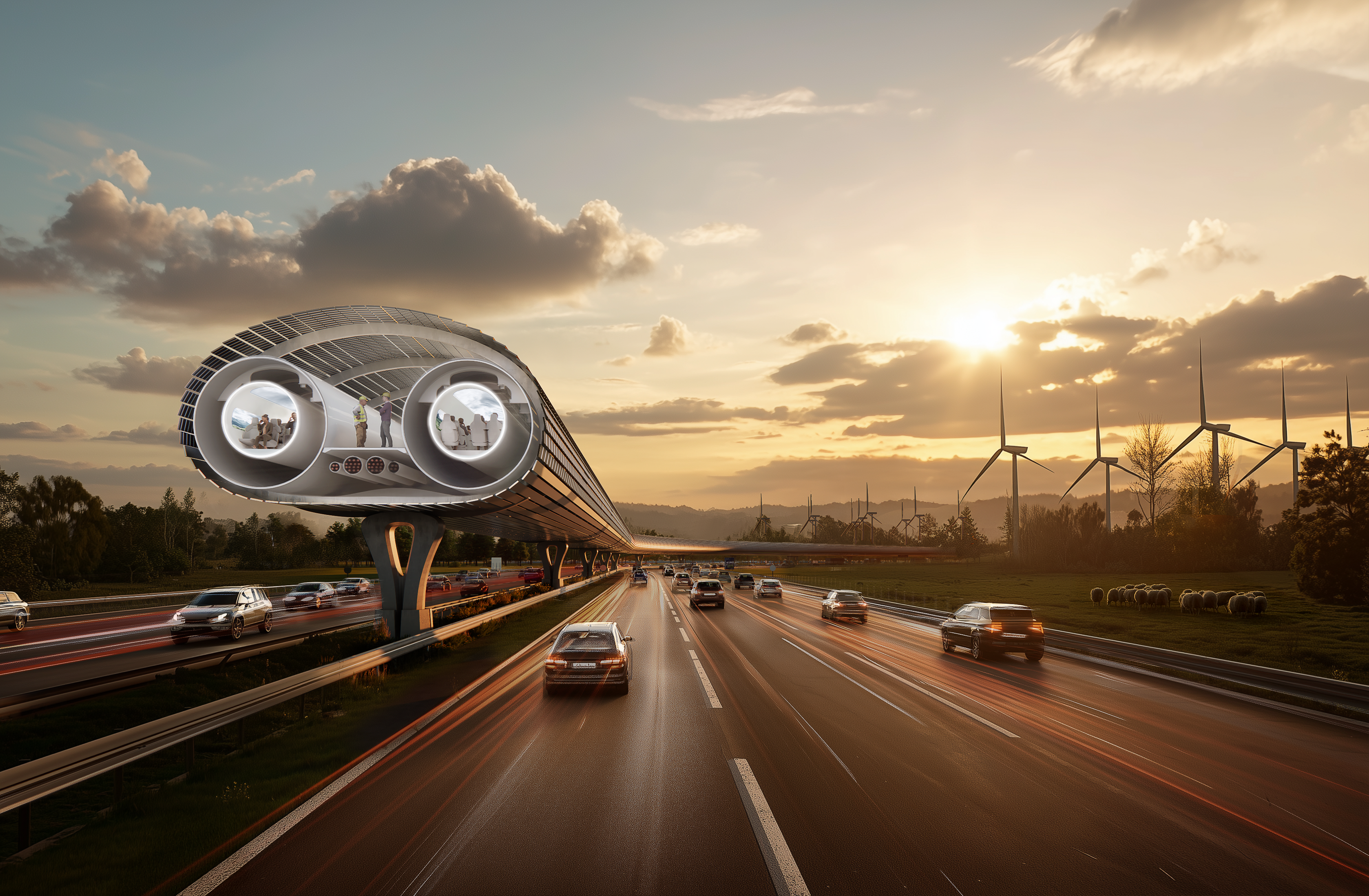 Cross-section of a Hyperloop elevated above a highway at sunset, showing two passenger pods with people inside