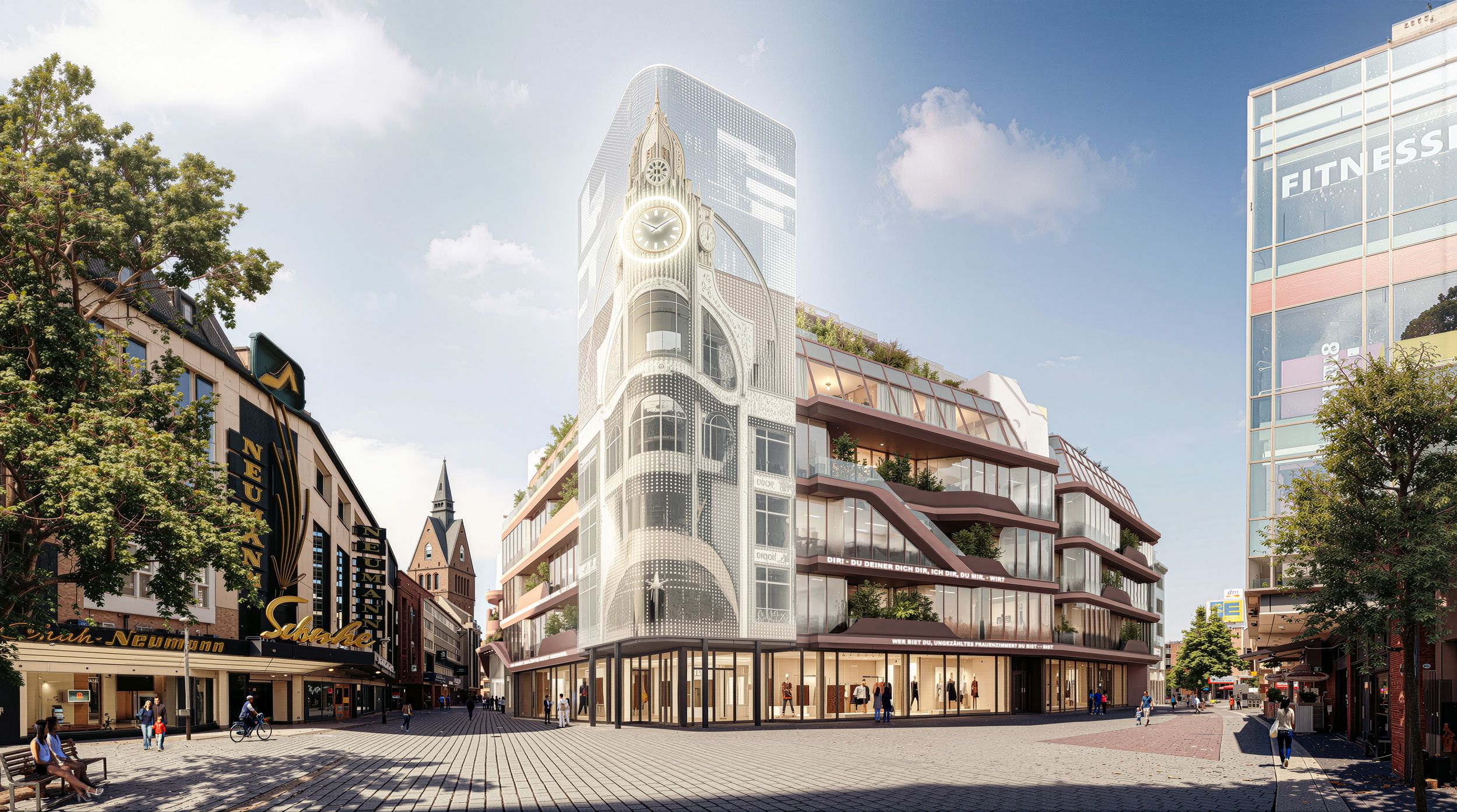 View of a modern multi-story building with large glass facades and media façade on the corner in a busy pedestrian area with surrounding shops and trees