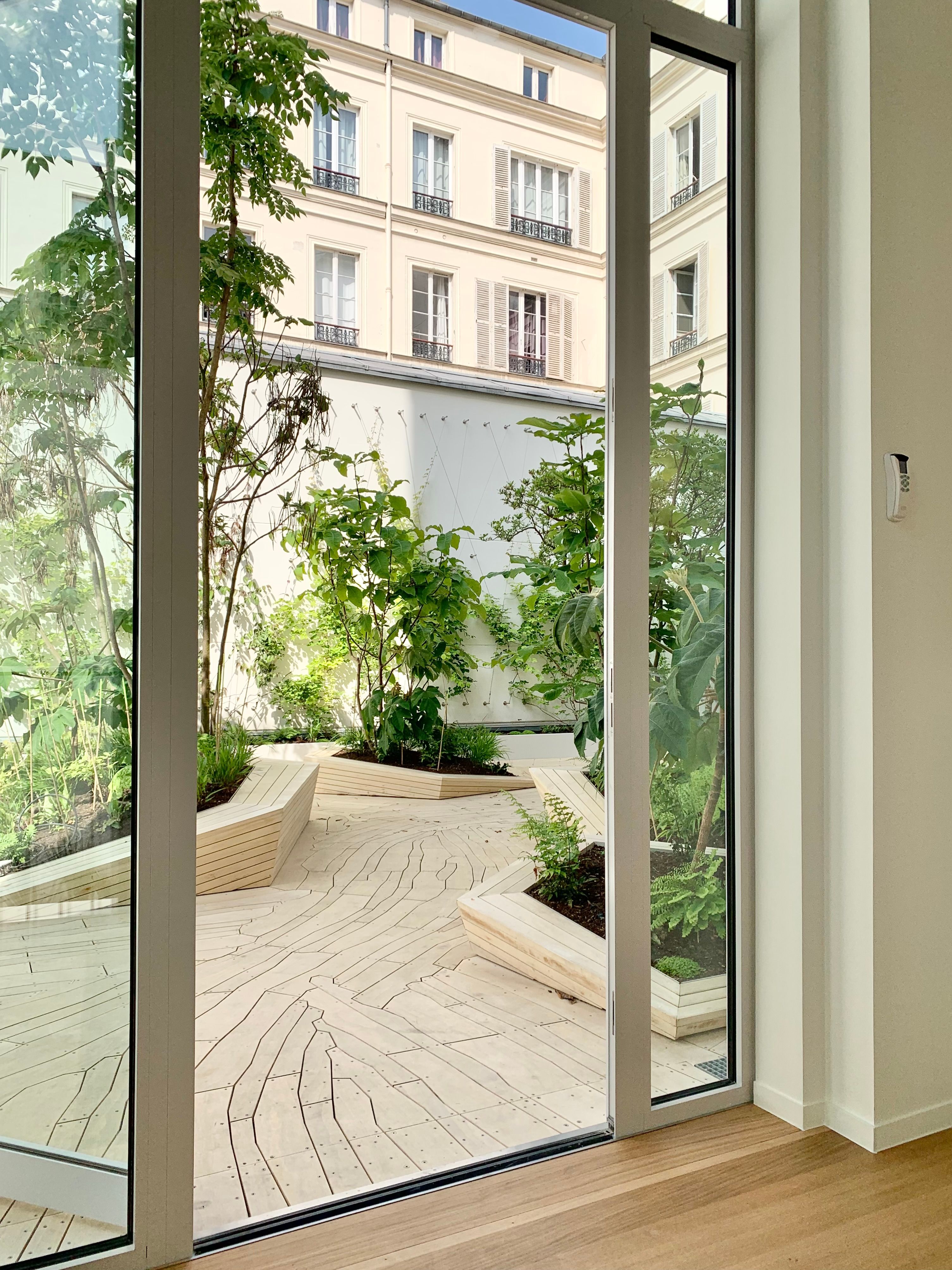 View through glass door of a courtyard with wooden benches and green plants