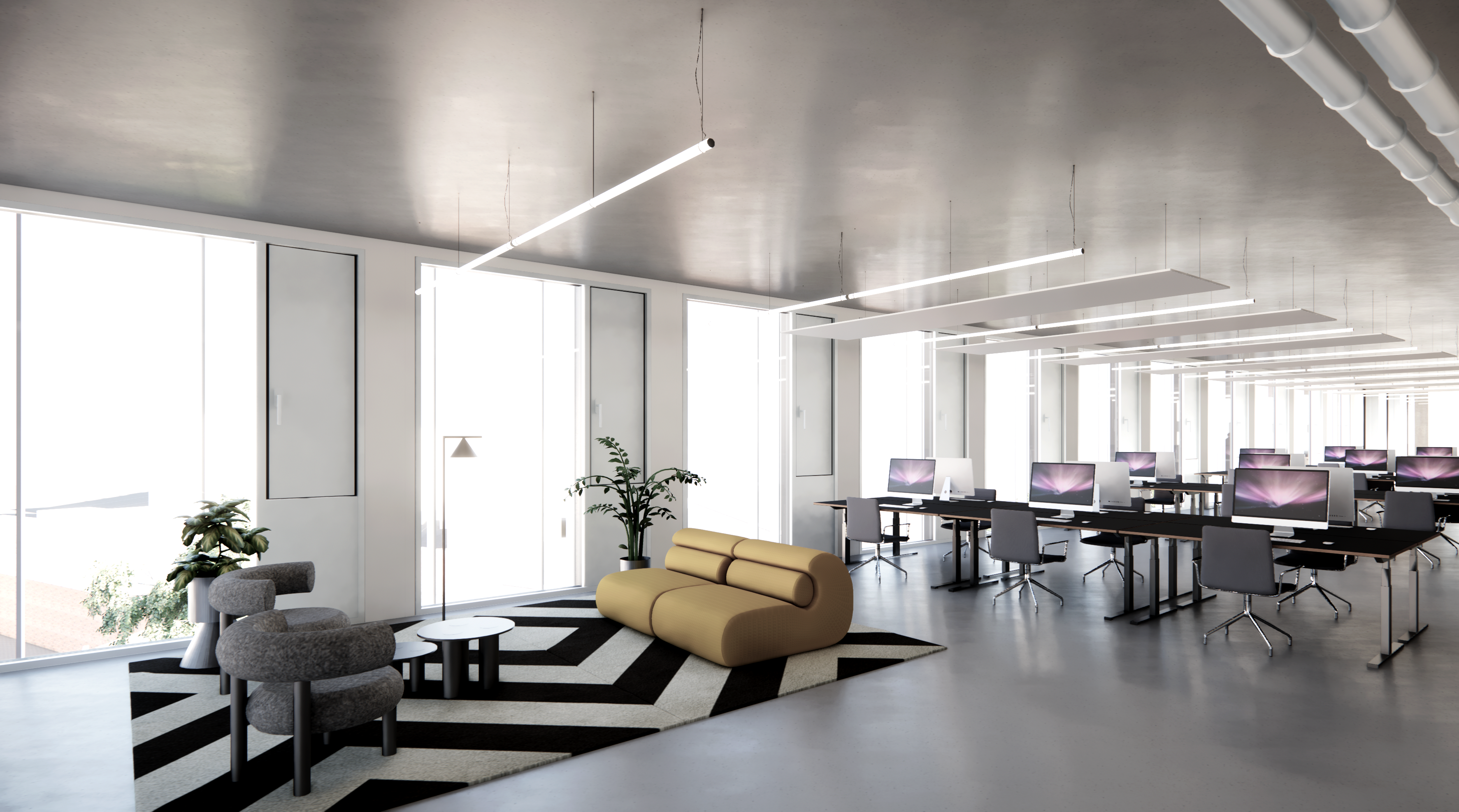 interior shot, white clean interior with workplaces and break out in the foreground. large bright windows