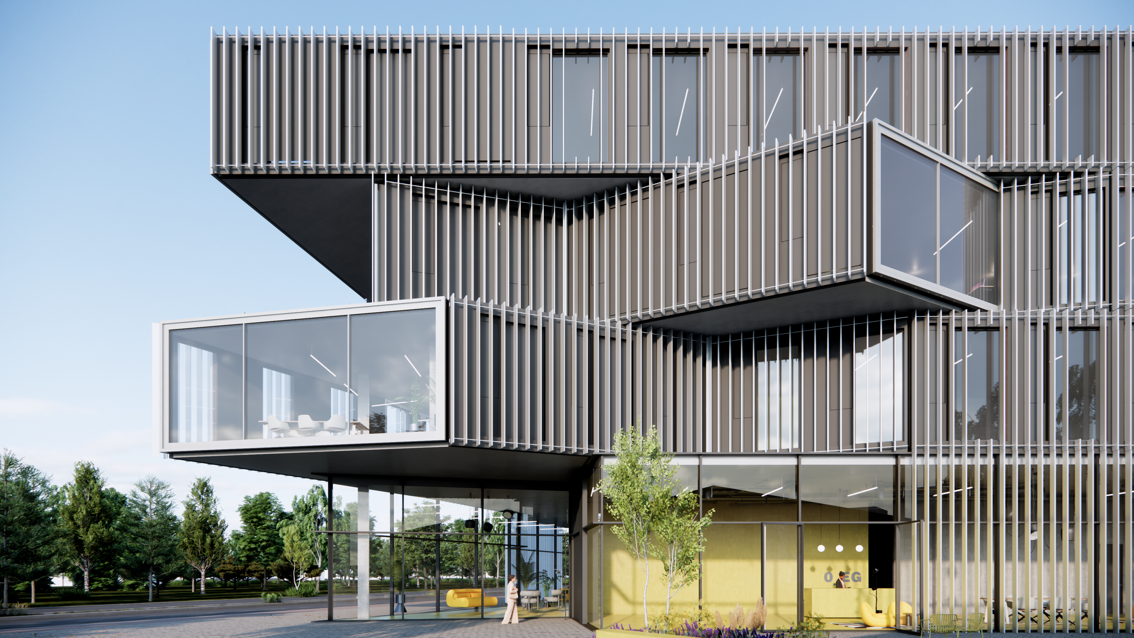 cantilevering endings of floorslabs with panorama windows, vertical white lamella facade