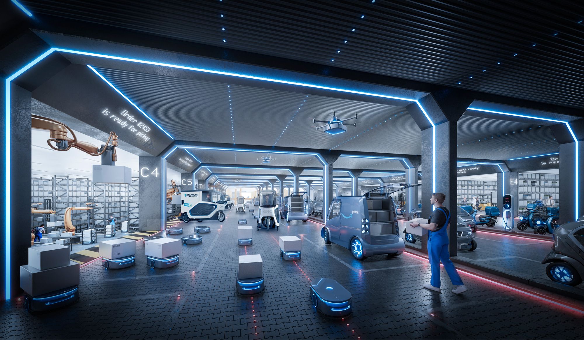 Automated warehouse with robotic vehicles and drones transporting packages, a worker monitoring operations