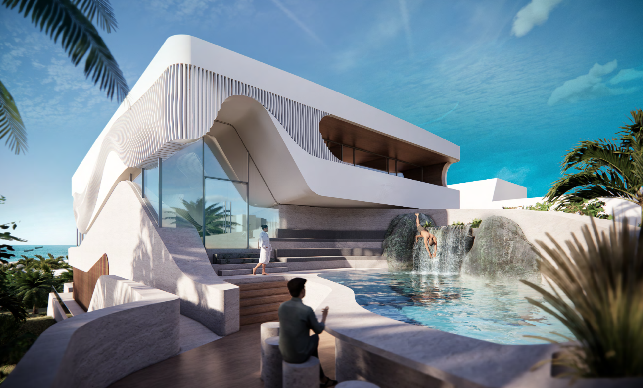 Modern house with a curved white exterior, large glass windows, and a pool featuring a waterfall.