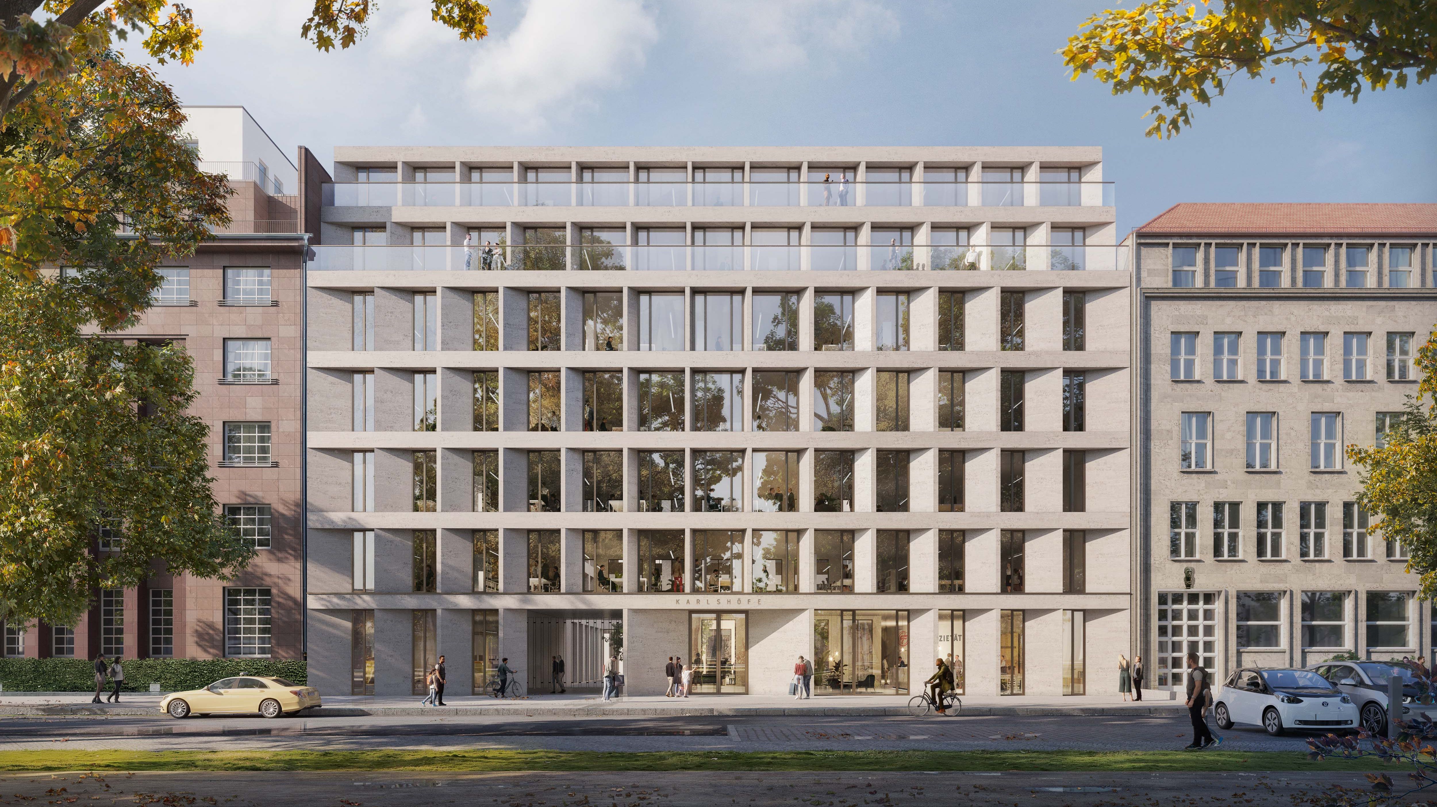 Frontview of the new building at Am Karlsbad