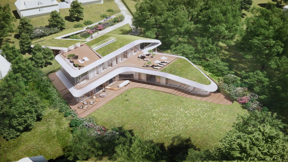 The design for Villa N embeds a spacious single-family home into the landscape of the park-like property. As a deliberately two-story volume, it blends harmoniously with the landscape tapestry of the surrounding park property: it is part house, part habitable landscape, thus reducing the visual impact of the large space program to the mature surroundings.