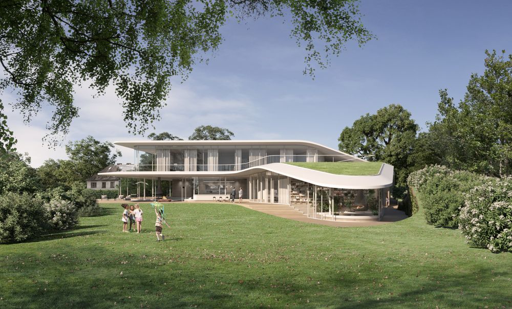 The building is nestled into the site in such a way as to frame and stage the most beautiful views to the various directions. All bedrooms and main living spaces face south toward the park. The kitchen and living areas are placed in a visual axis to the river as a central part of the project. The view is framed by trees and parkland and oriented to the setting western sun.