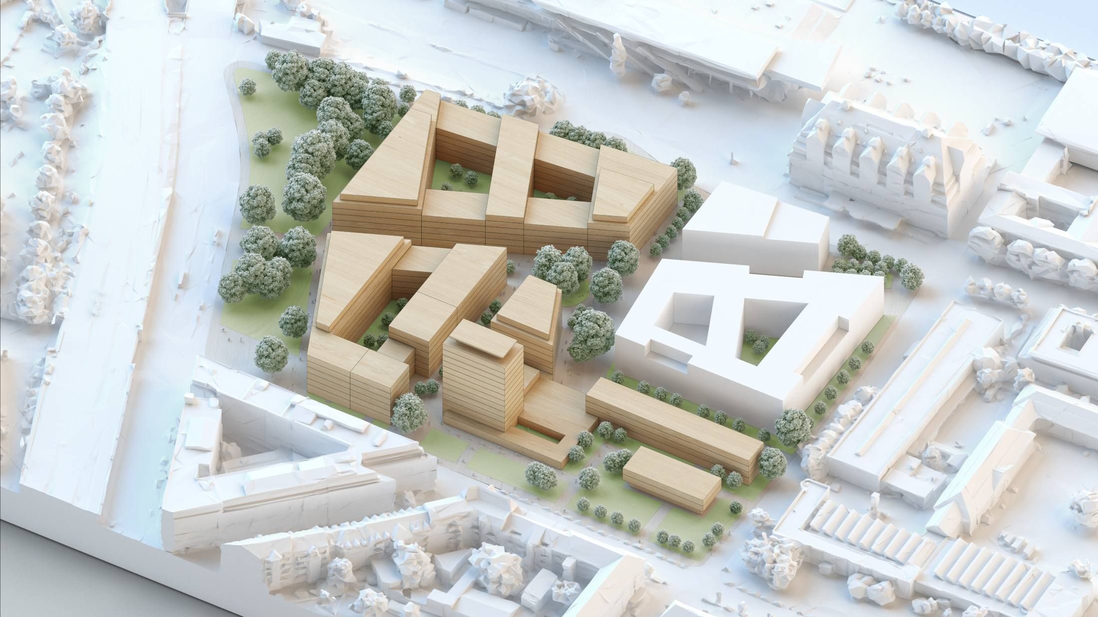 Model of an urban development area with multi-story buildings surrounded by streets and trees