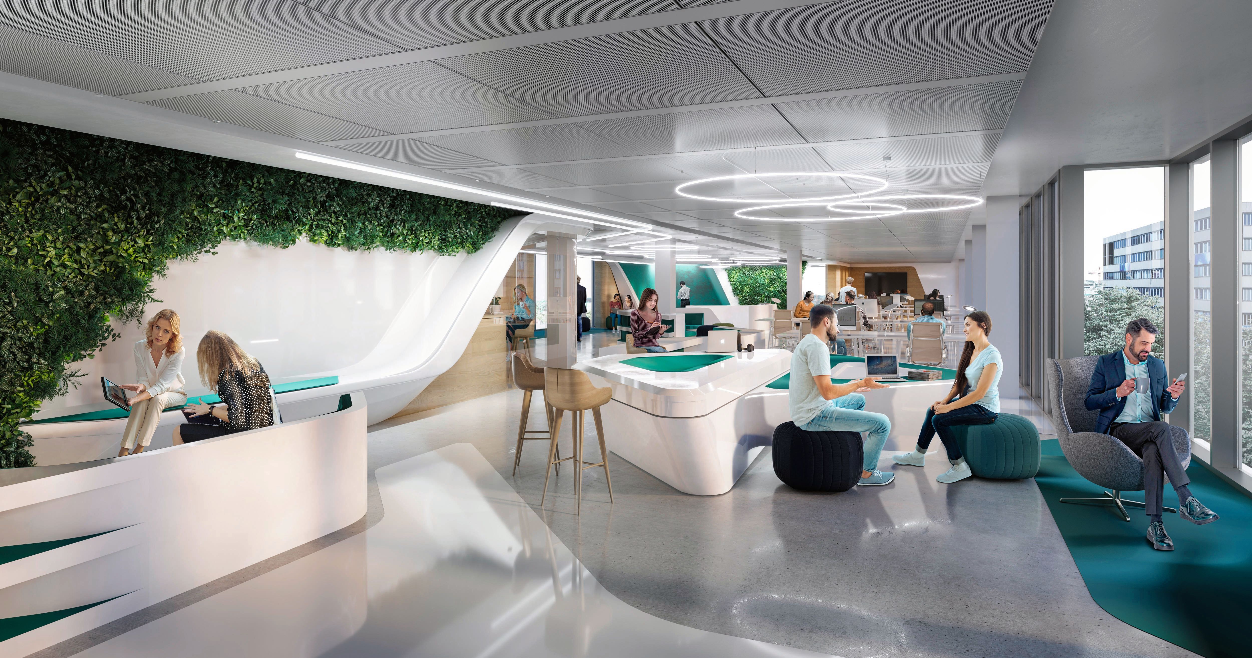 New Work design, GRAFT and GRAFT Brandlab (2019): by employing communal spaces and different work scenarios, New Work environments create communities using the potential of public interface and interaction.