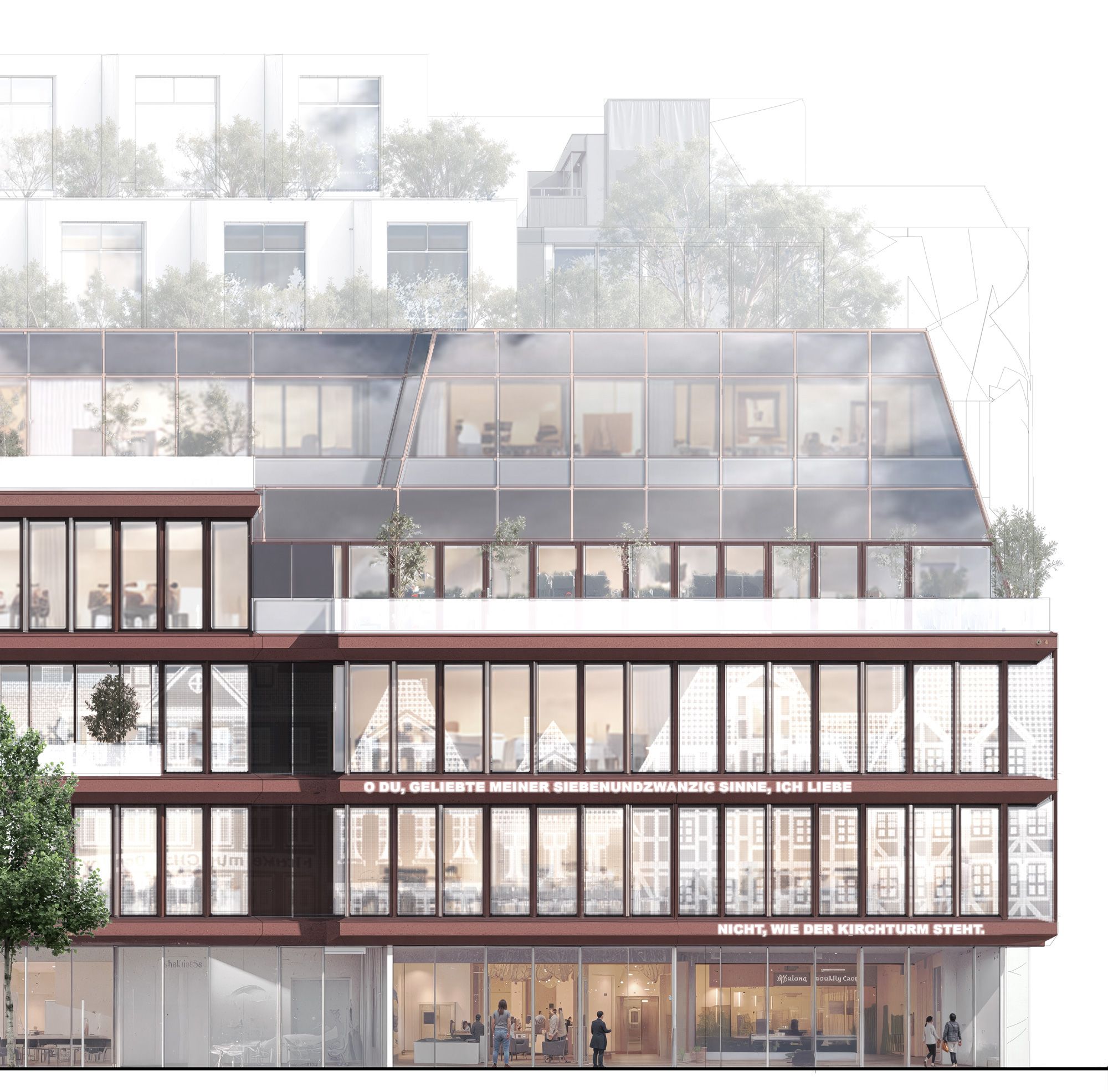 Facade view of a modern building with large windows and trees on the roof