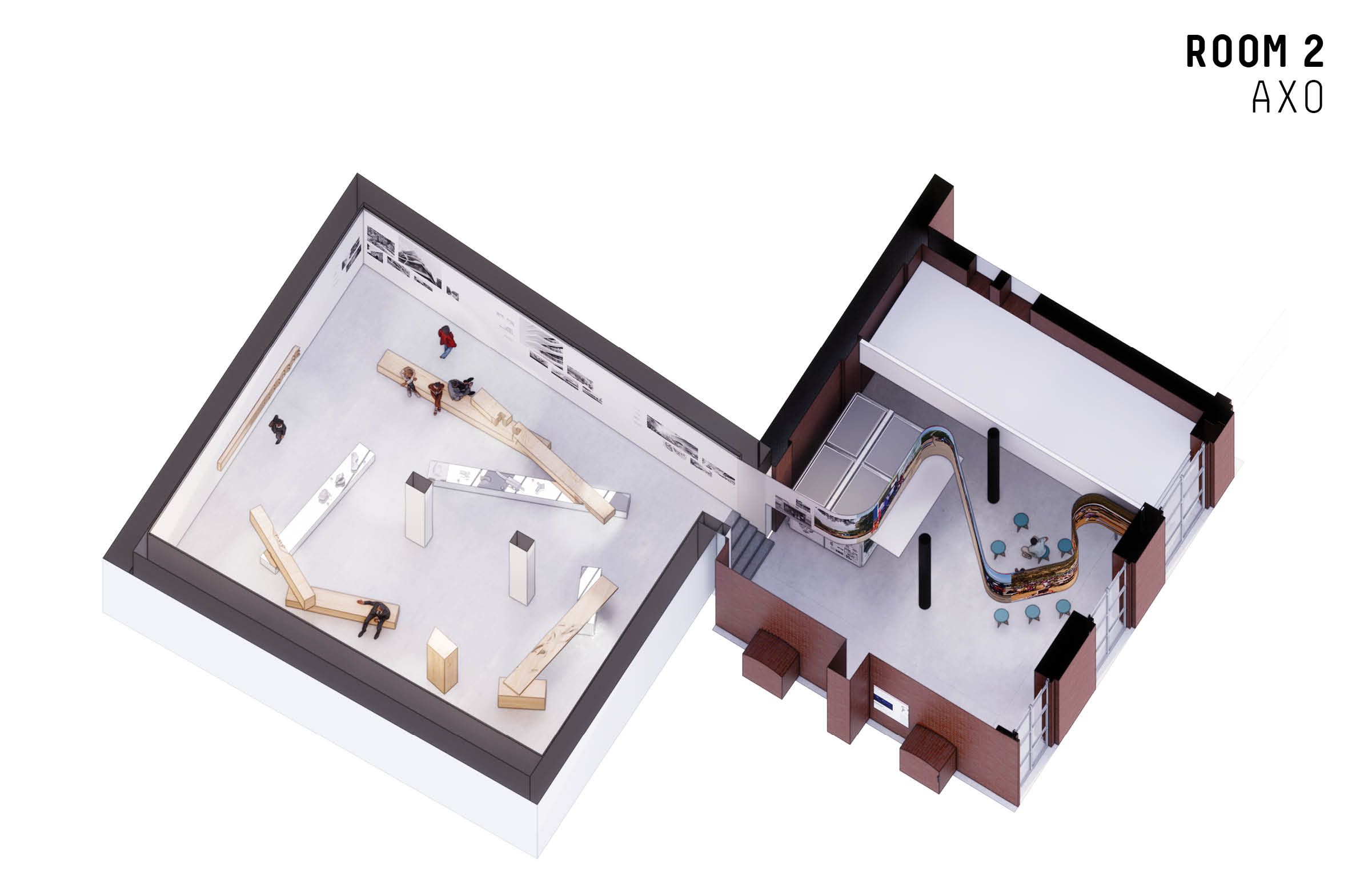 Axonometry of the Aedes exhibition rooms and exhibits (c) GRAFT