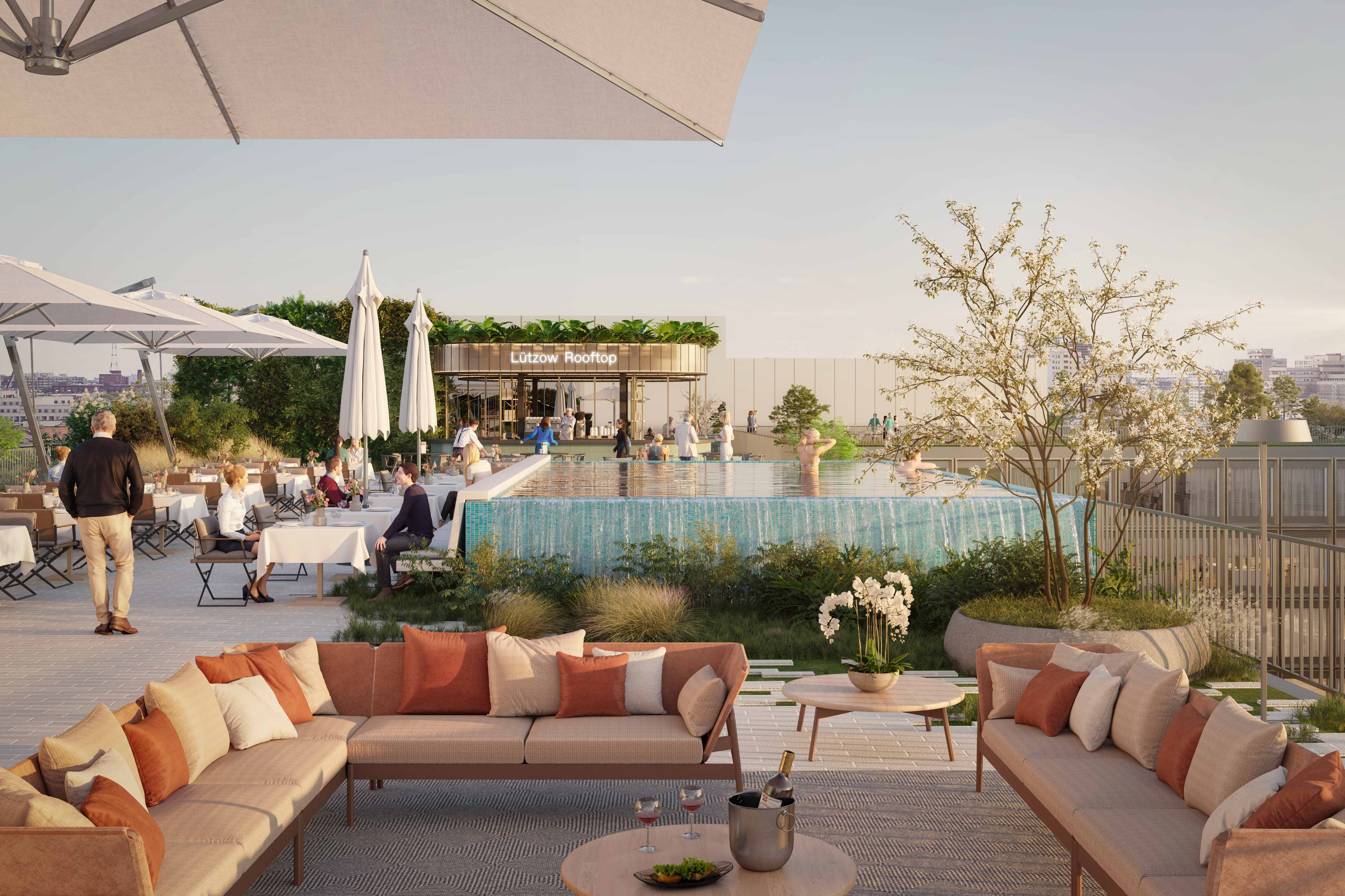 Roof terrace with comfortable seating areas, sunshading and pool