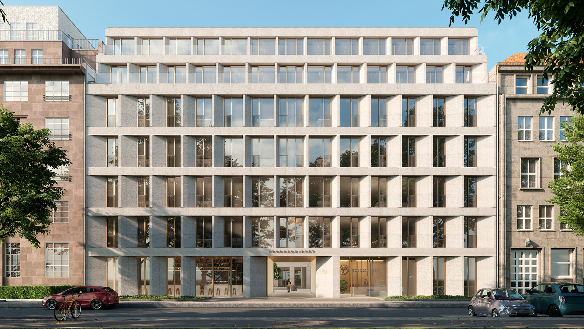 Frontview of the new building at Am Karlsbad