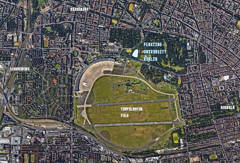 Situated in an almost forgotten spot in the center of Berlin, Floating University Berlin is an experimental, offshore laboratory for cities in transformation. It is located “floating” in a polluted, urban rainwater basin. The rainwater basin is still a working infrastructure, collecting the rainwater running off of the former Tempelhof Airport. Floating University unlocked the gates to this urban oasis in 2018, when it began as an experimental school bringing together neighborhood residents and students from universities across Europe and the world to conduct interdisciplinary educational experiments reimagining how we live together in contemporary urban space. In 2021, a new iteration of Floating’s university campus will be constructed.