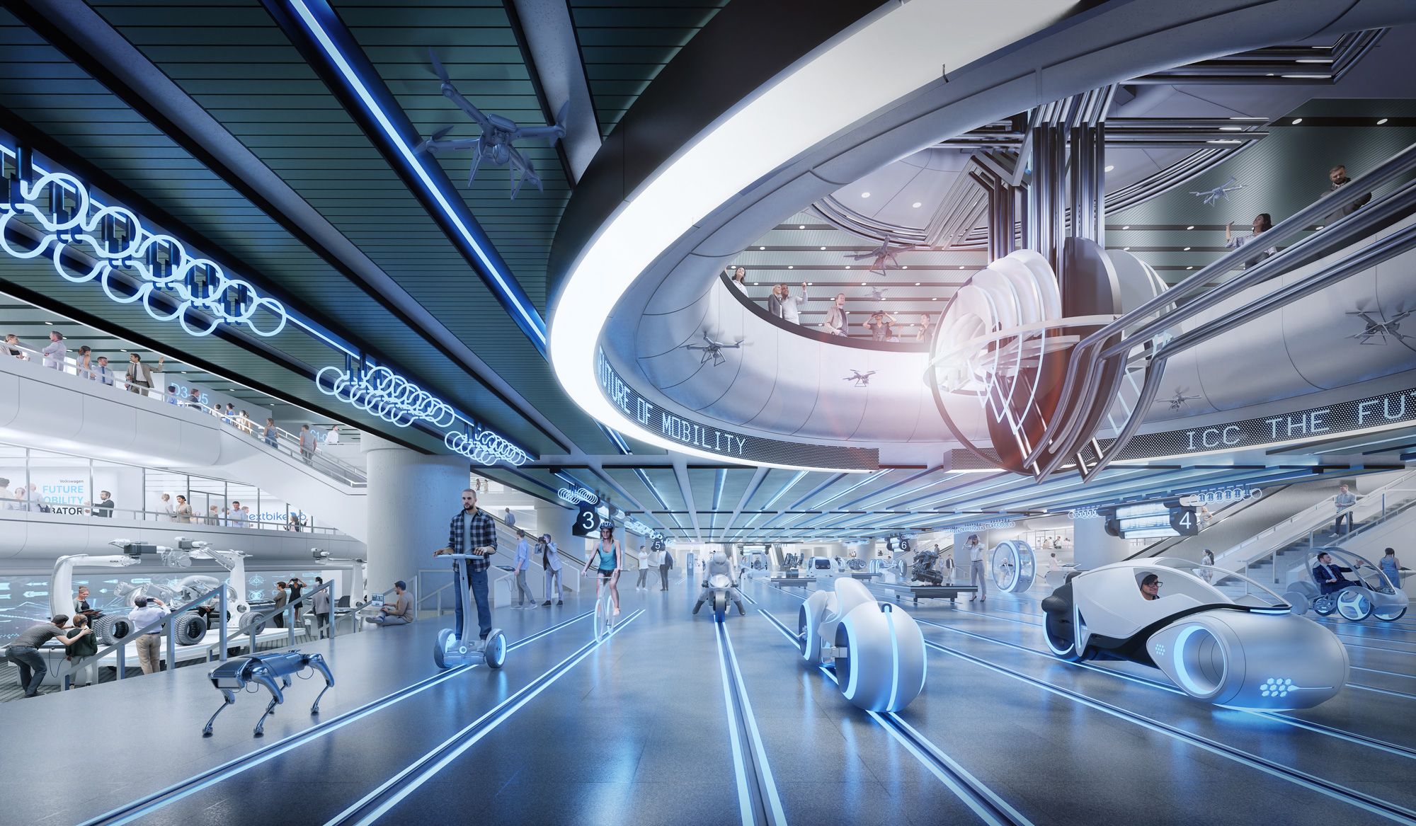 Futuristic indoor space with people using advanced personal mobility devices