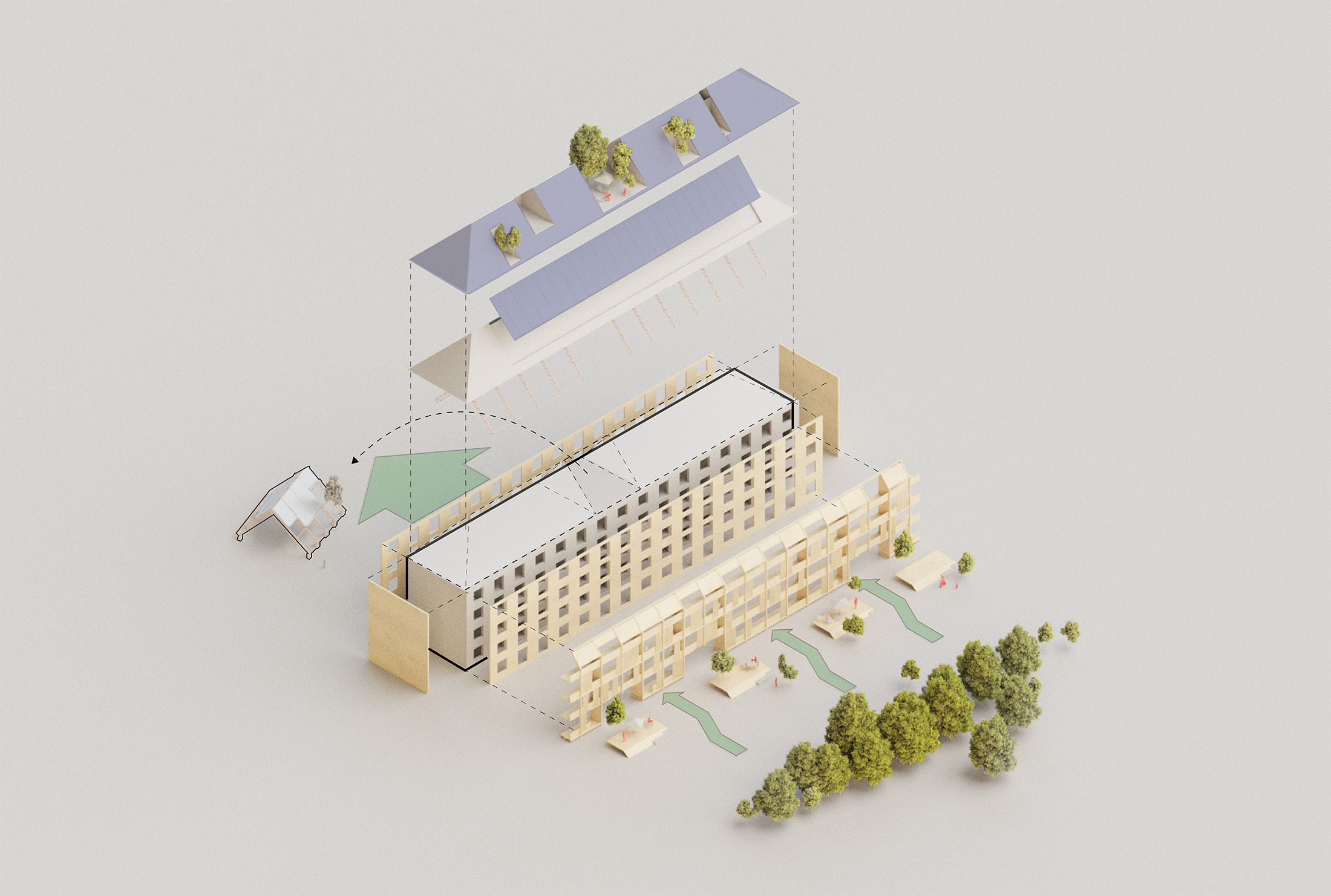 Exploded architectural model showing a multi-story building with separate roof, facade, and surrounding trees and landscape elements