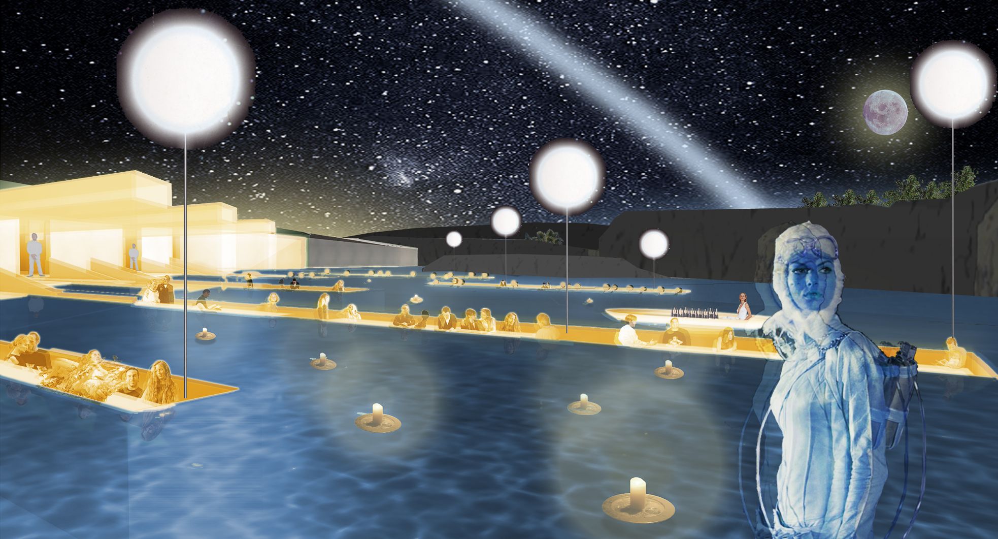 The sand canyon features the Crater restaurant, defined by dining on water, surrounded by walls of fire, outside under the stars. The canyon leads guests to hotel suites shaped in a “dunescape” that are open to the wind, sunsets and mountain views, yet provide complete privacy.