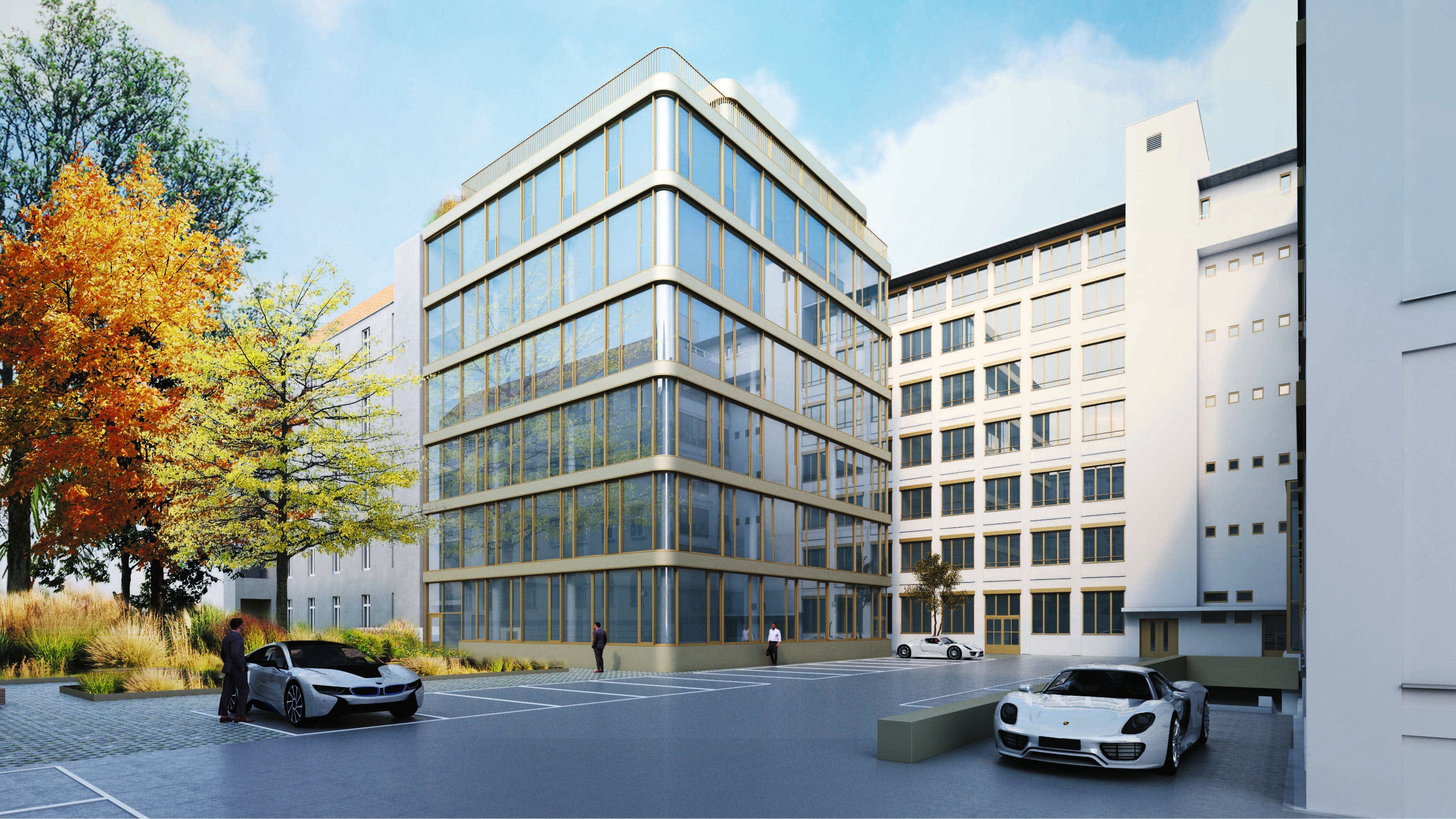 Rendering of a white office building with an extension with a round corner