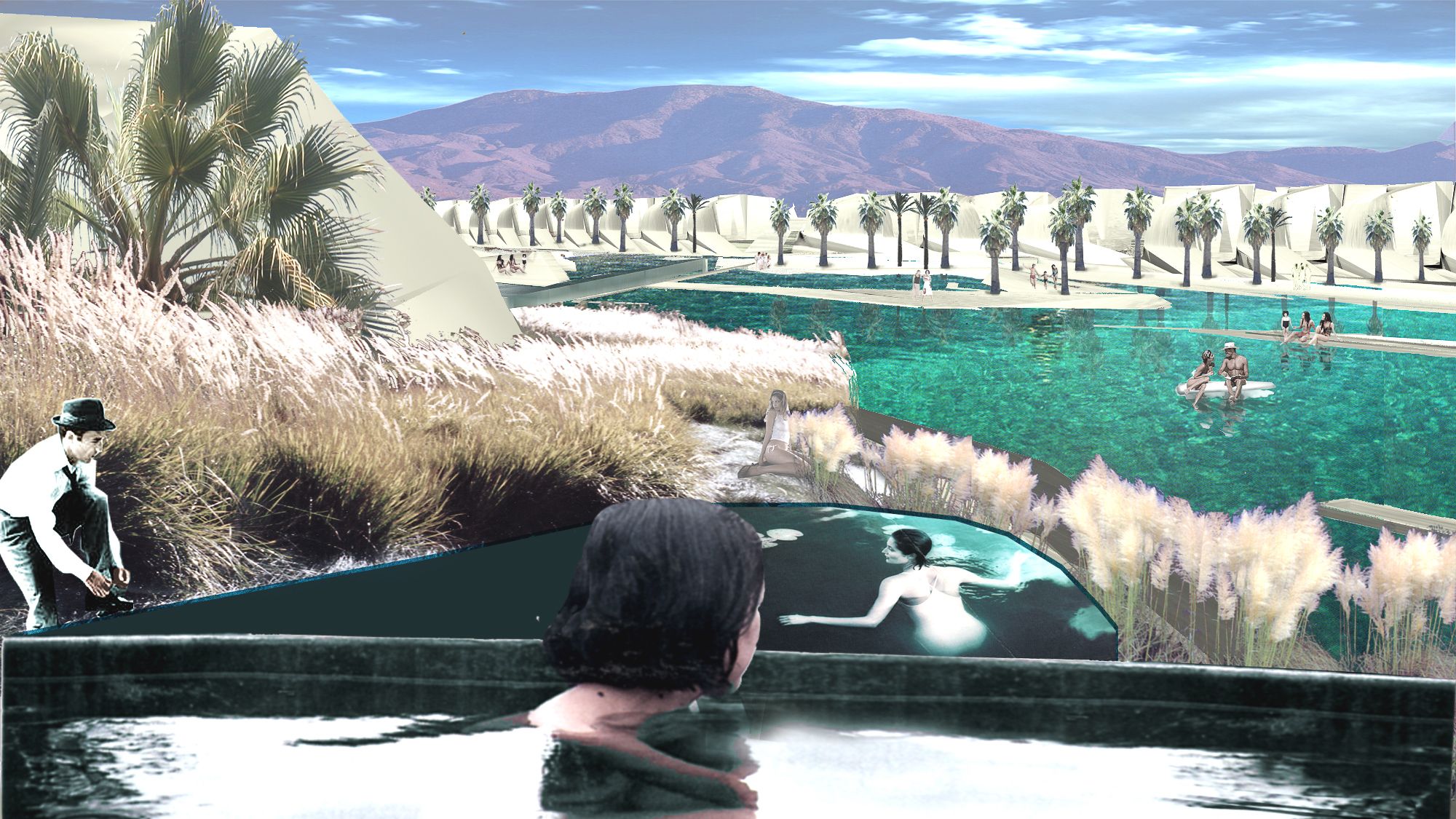 Surrounded by a manmade landscape of green golf courses, the project re-instates a desert landscape to the site, linking it to its cosmological context by utilizing wind circulation and celestial events. A series of canyons cut into the landscape, produce shade and privacy for guests on their way to their hotel suites. Designed in dune-shaped forms, the orientation of these canyons responds to the mountain views and the local wind and climate conditions. The architecture is married to the landscape, generating a topographically spatial and unique storyboard. There are three distinct canyons that generate different atmospheres and experiences throughout the hotel.