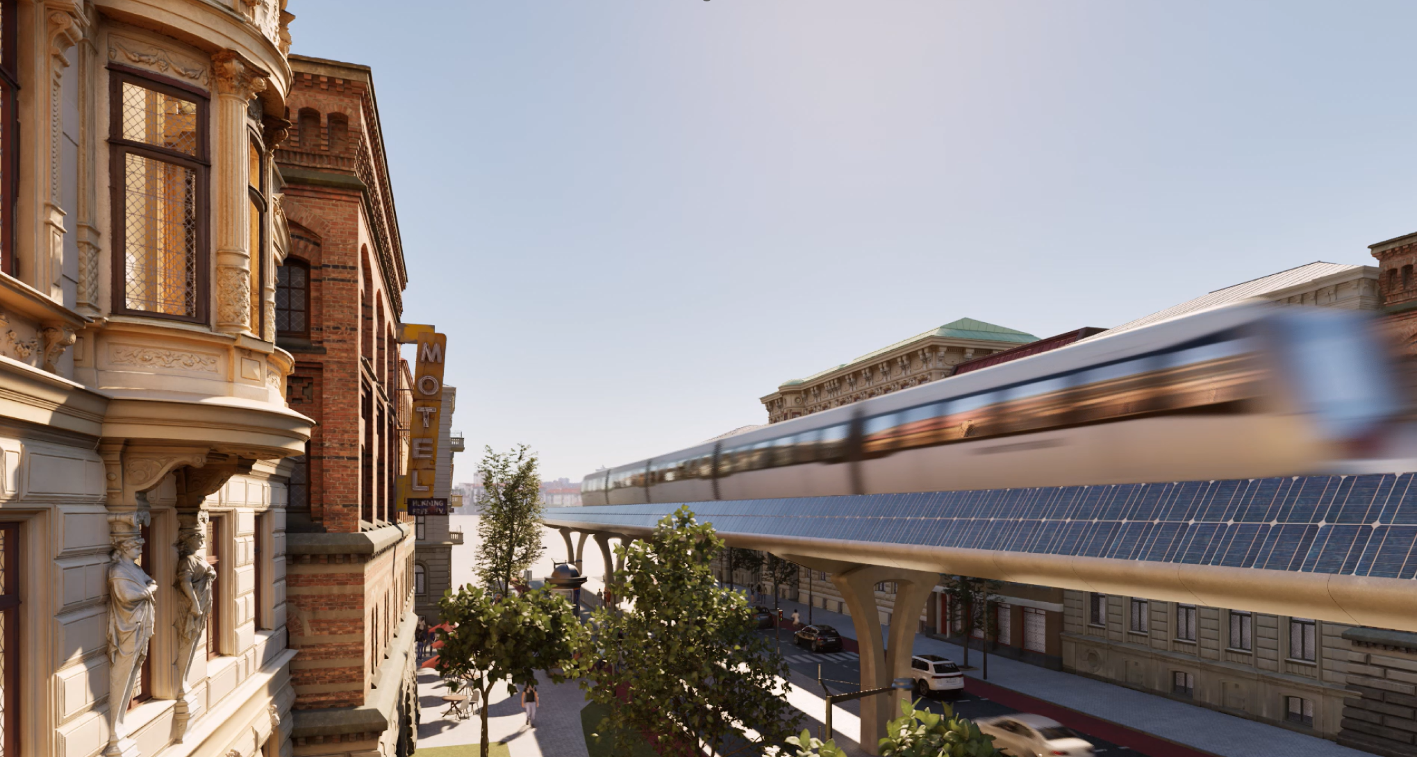 maglev train on elevated tracks in a dense urban city context, lush greenery and photovoltaic elements integrated in the track system