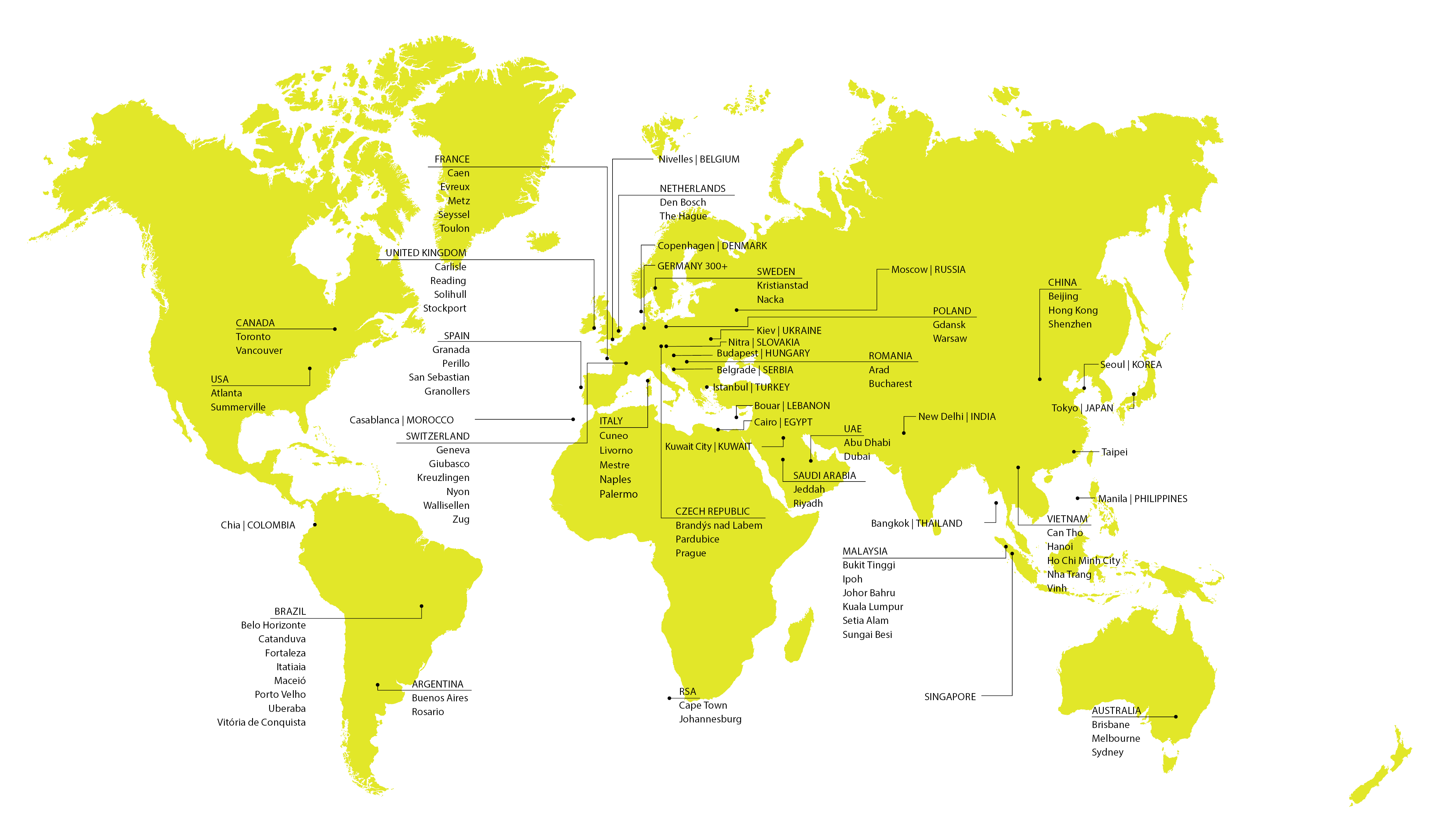 Worldmap with new and remodeled car dealership locations
