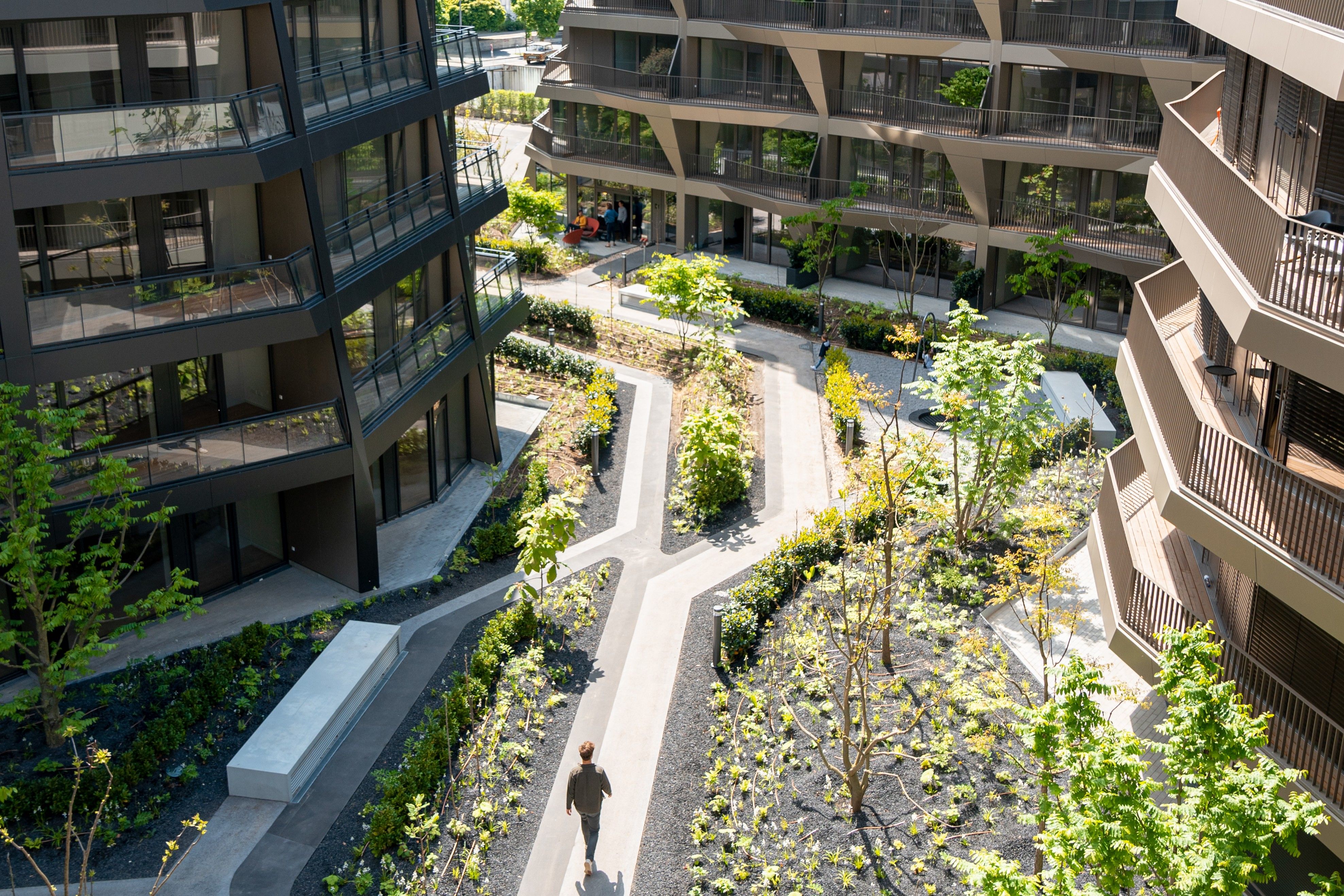 Modern apartment buildings surrounding a landscaped courtyard with pathways and young trees