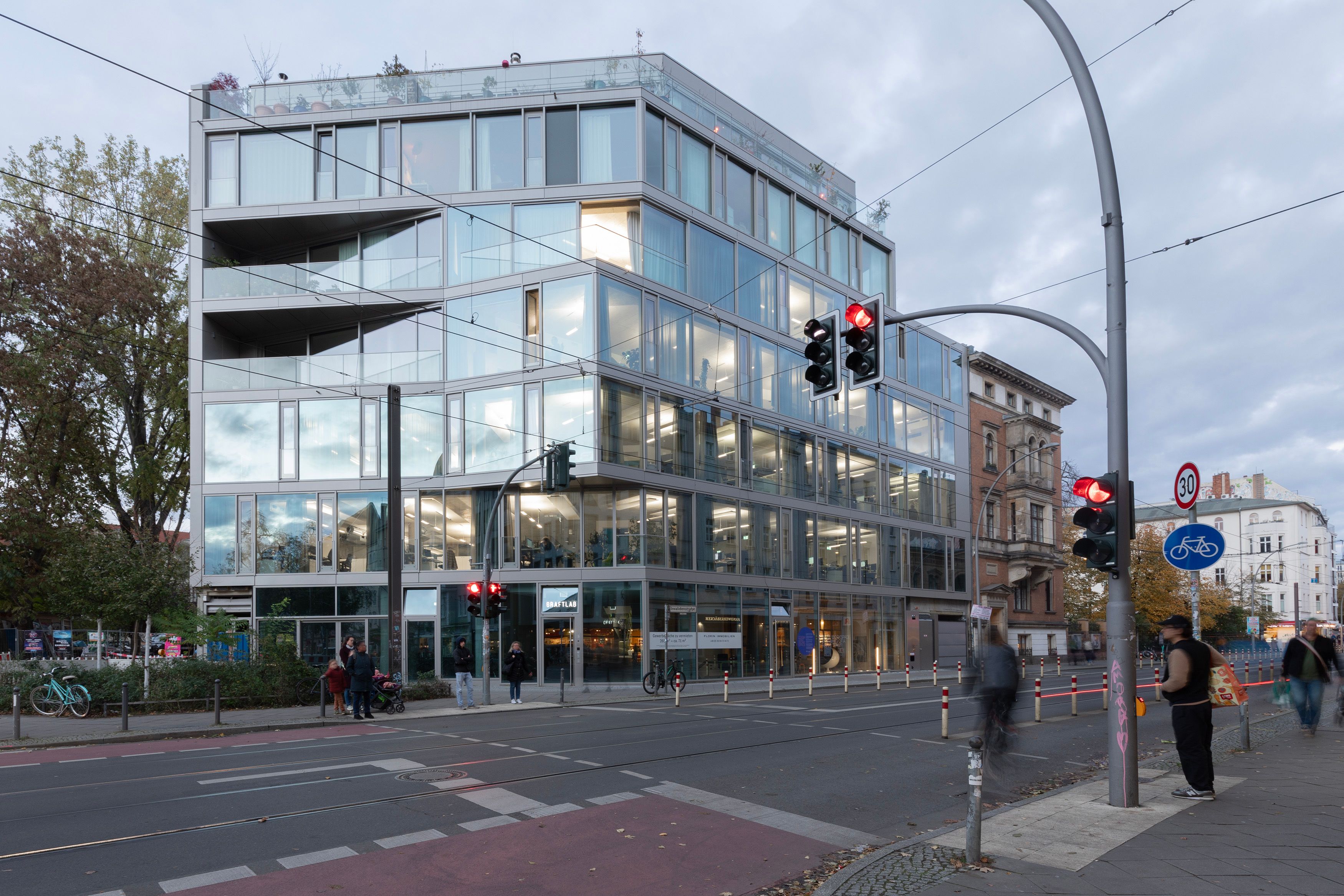 Modern Building in the evening, some windows are lit