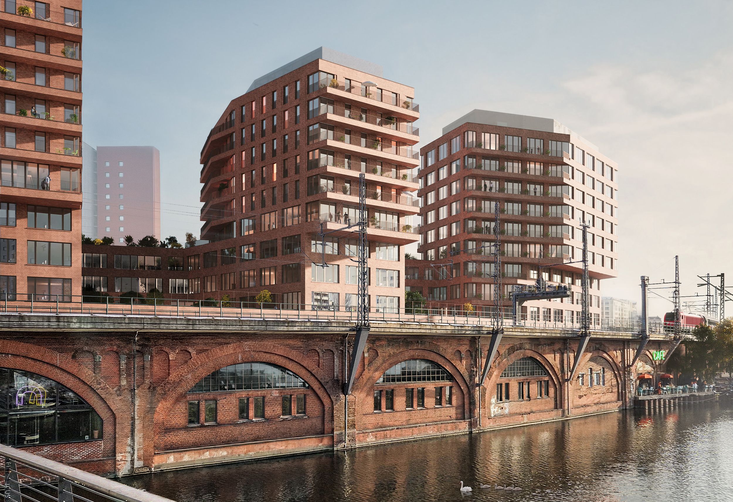 3 bricks towers at the river Spree