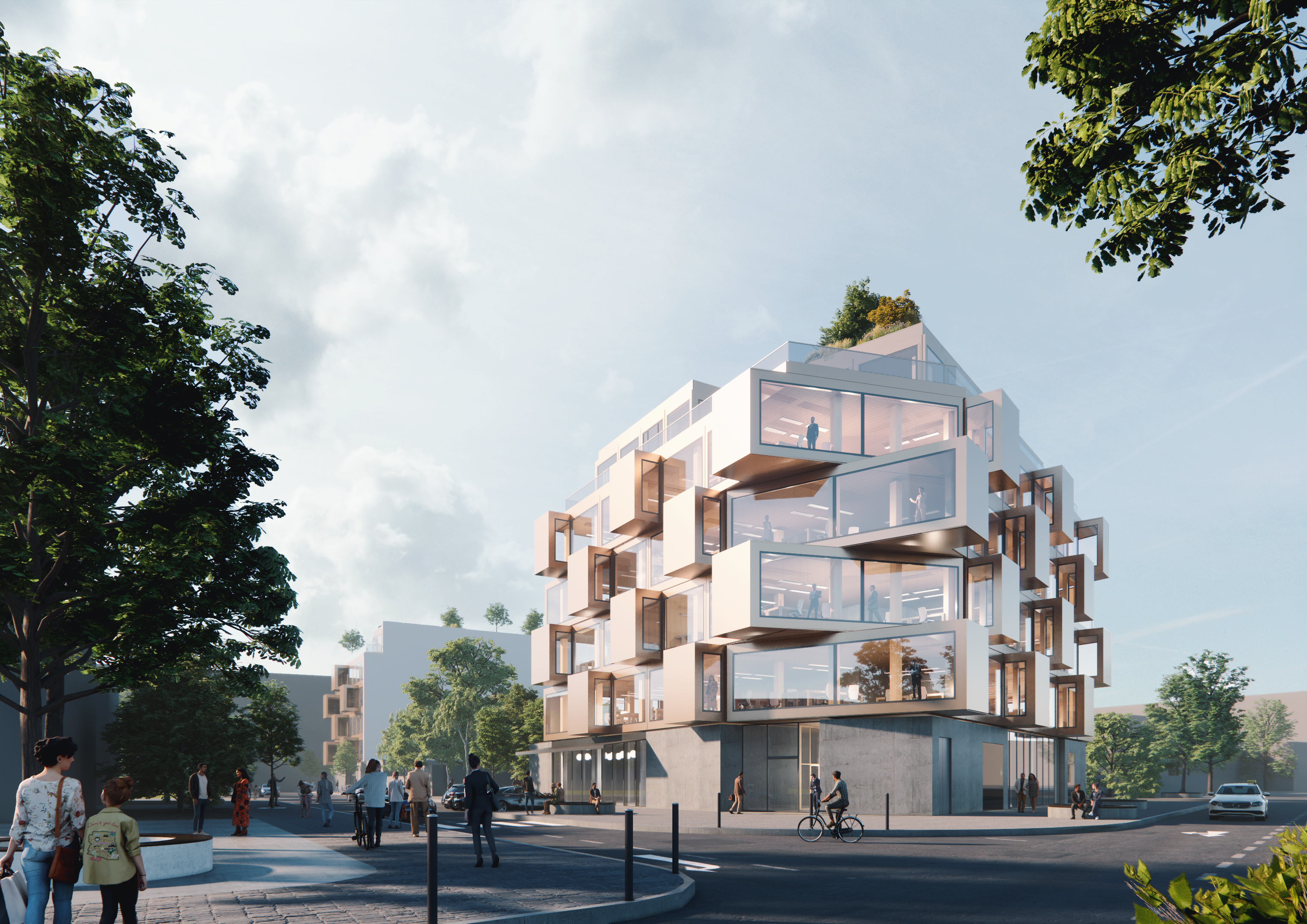 Modern multi-story building with large glass windows and wooden accents, surrounded by trees and people walking and cycling on a sunny day