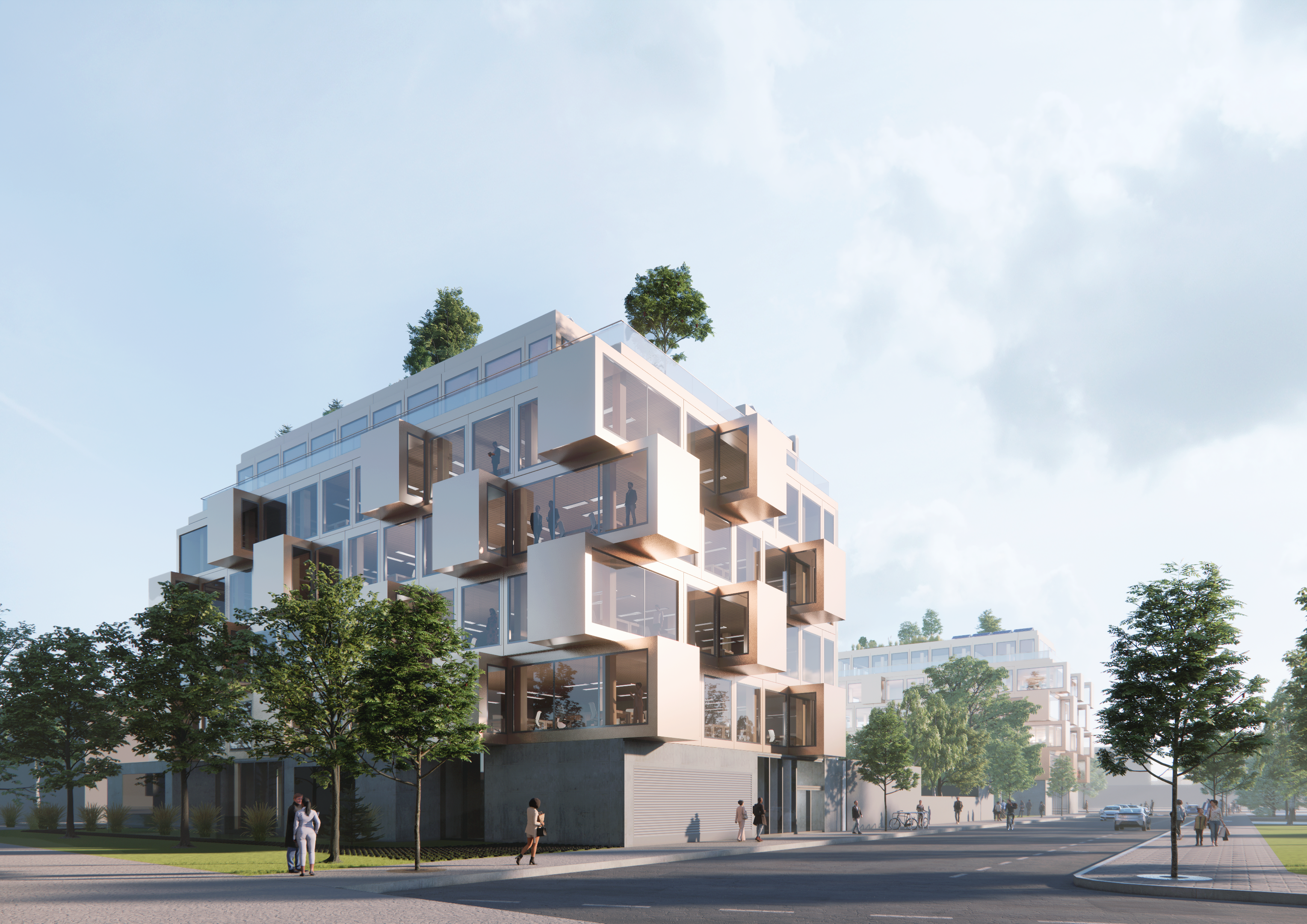 Modern multi-story building with large glass windows and wooden accents, surrounded by trees and people walking and cycling on a sunny day