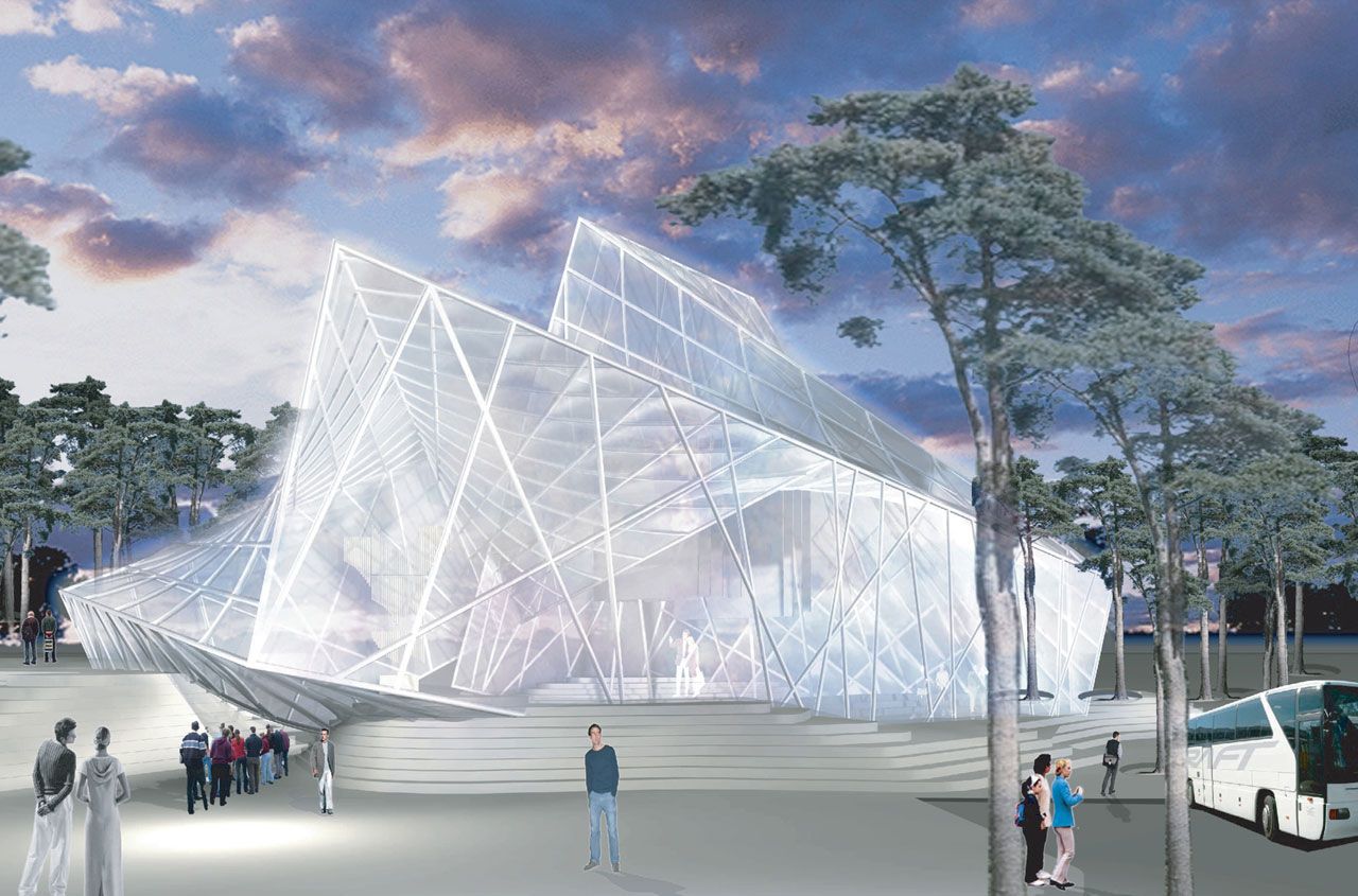 GRAFT’s belief is that no clear typology for a church, mosque or theatre should dominate the shape of the building but that its design should instead the product of an entirely new typology informed by these. The formal language of GRAFT’s design communicates different religious and visual typologies in its shape without being literal. A diamond-shaped crystalline ‘envelope’ is formed from three different geometric figures fused into one another.     This crystalline envelope shelters the visitor without cutting him or her off from the surrounding landscape. As a mental space for prayer rather than an isolated enclosure, the landscape is of essential atmospheric importance and is invited to interact with the building’s interior. The technological functions necessary for a modern theatre are submerged in the ground so that the stage can be used flexibly for a range of purposes.